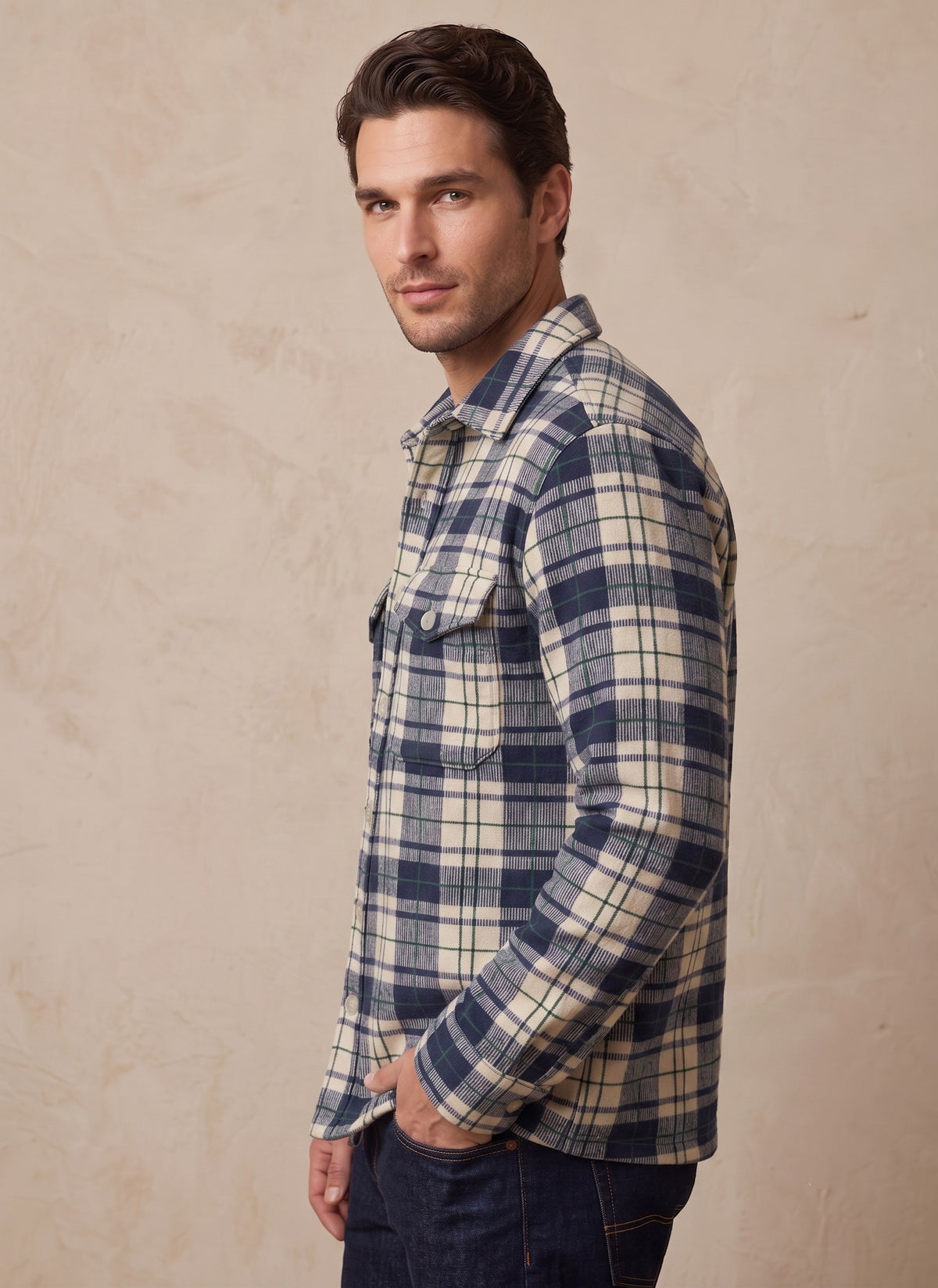 Men's Navy & Cream Plaid Flannel Shirt Jacket - KIZA