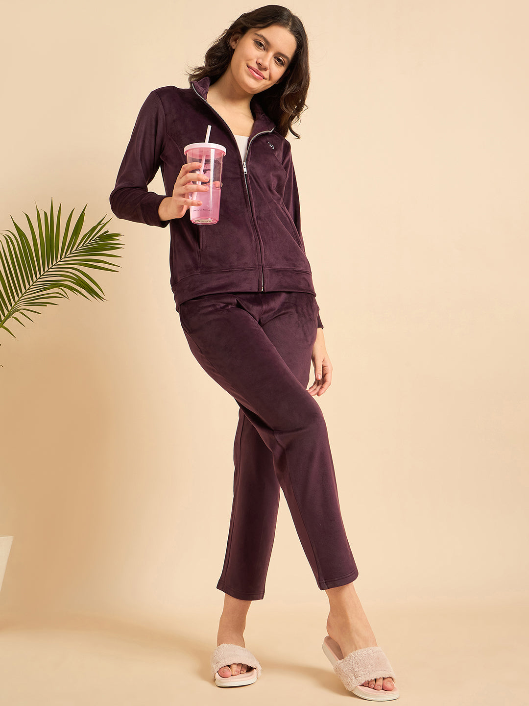 Plum Velour Zip-Front Jacket & Pants Lounge Set - KIZA