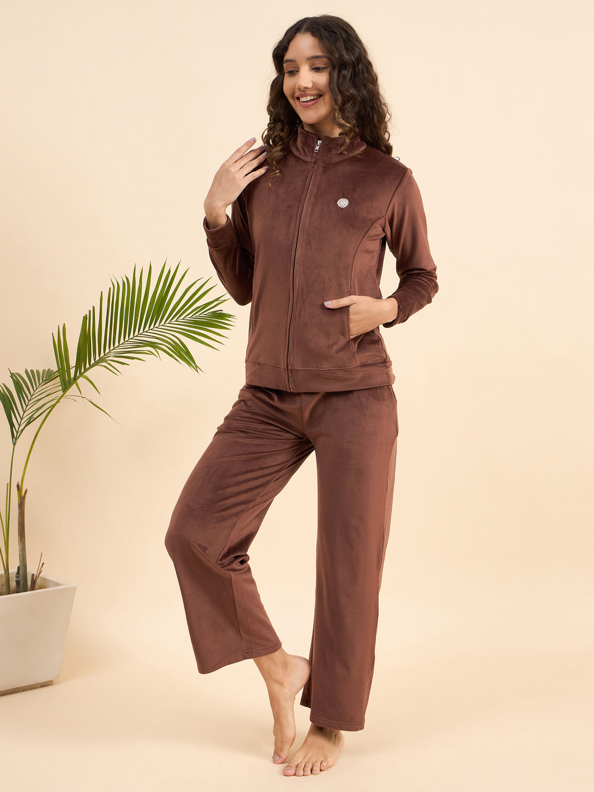 Brown Velour Zip-Front Jacket & Pants Lounge Set - KIZA
