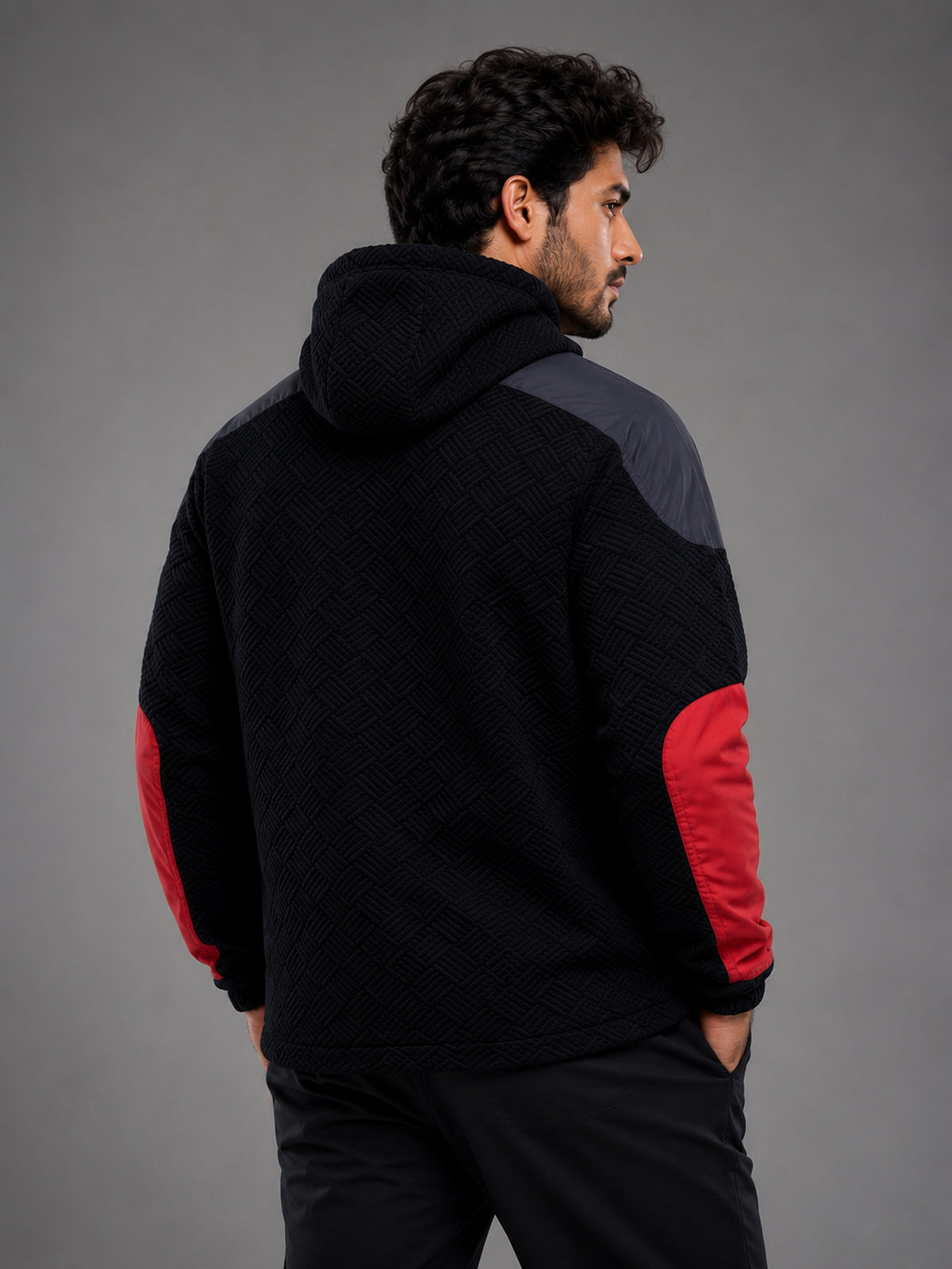 Men's Black Colour-Block Hooded Half-Zip Pullover Jacket - KIZA