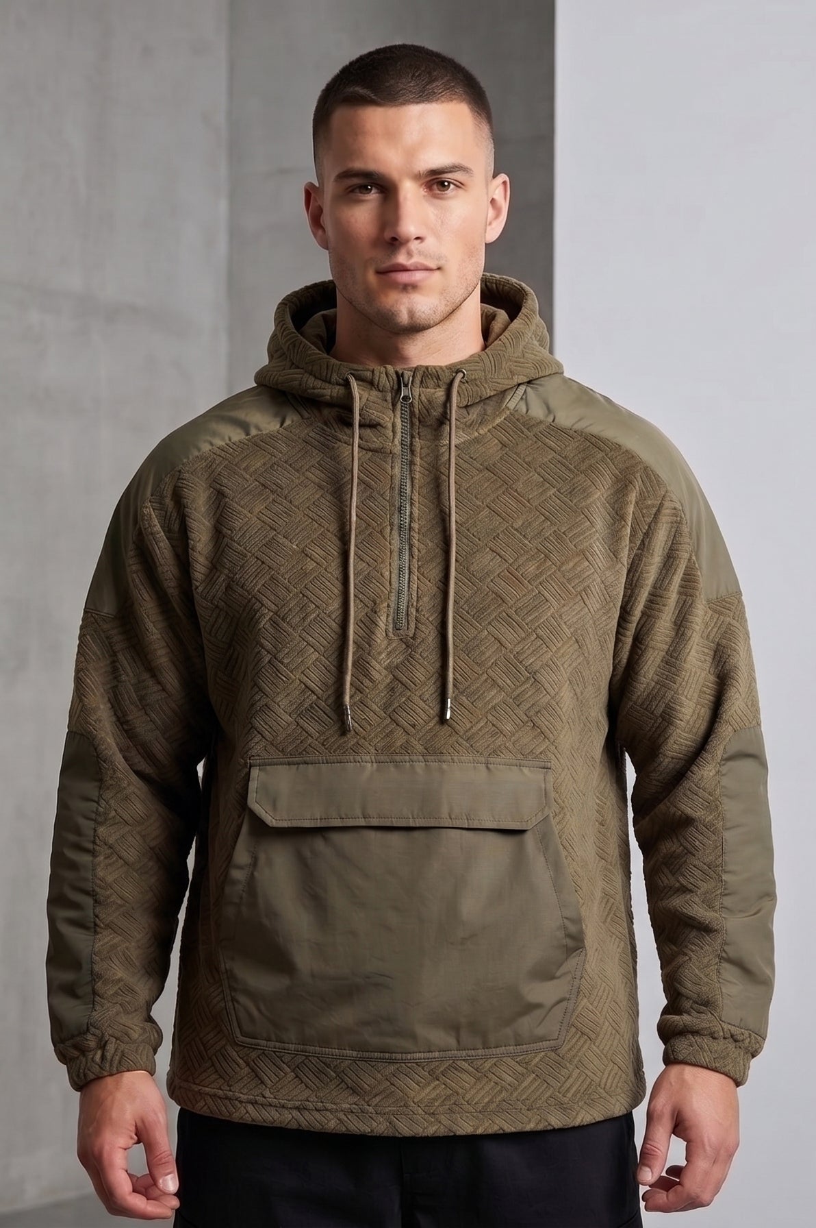 Men's Olive Hooded Half-Zip Pullover Jacket - KIZA