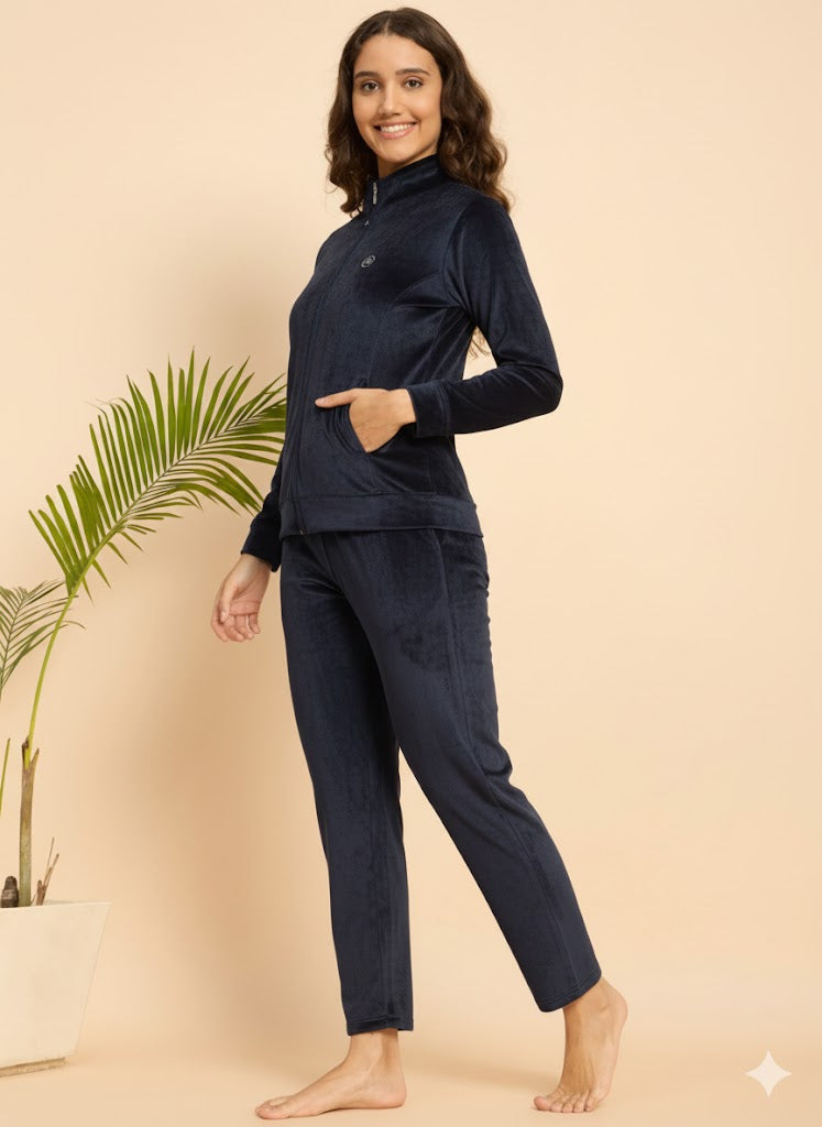 Navy Velour Zip-Front Jacket & Pants Lounge Set - KIZA