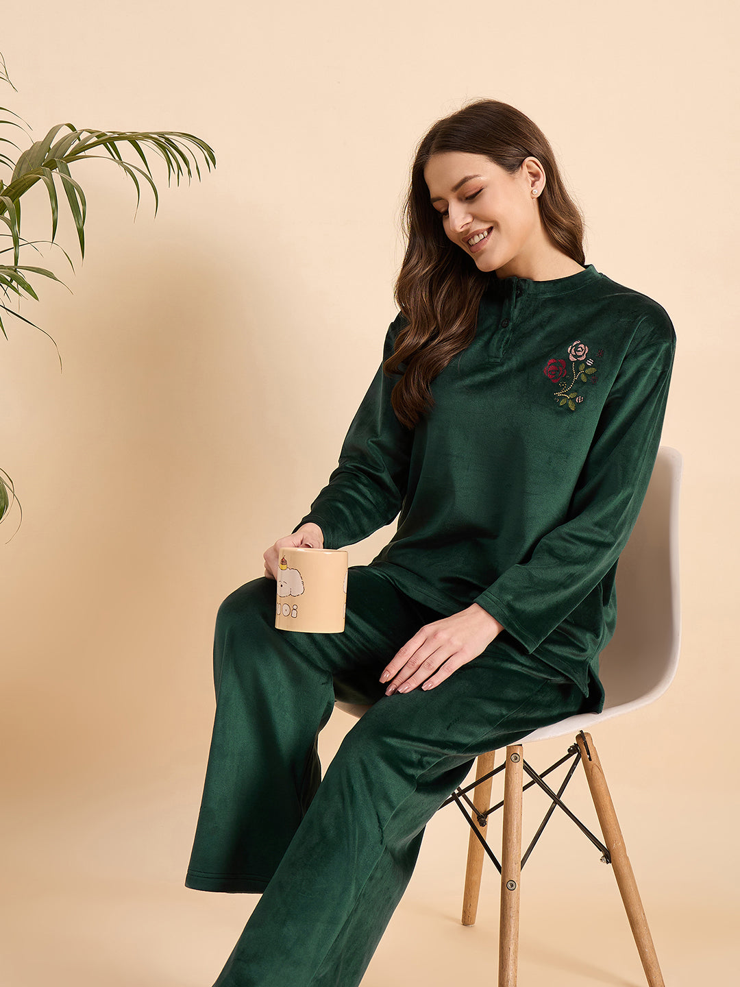 Bottle Green Embroidered Velour Henley Top & Pants Set - KIZA
