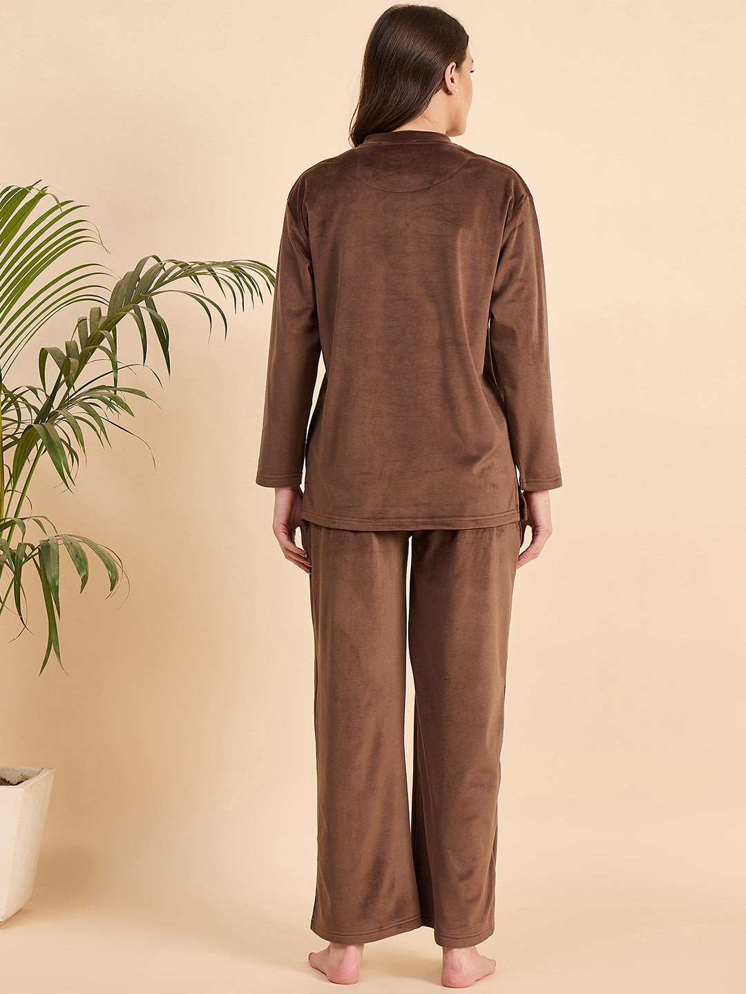 Brown Embroidered Velour Henley Top & Pants Set - KIZA