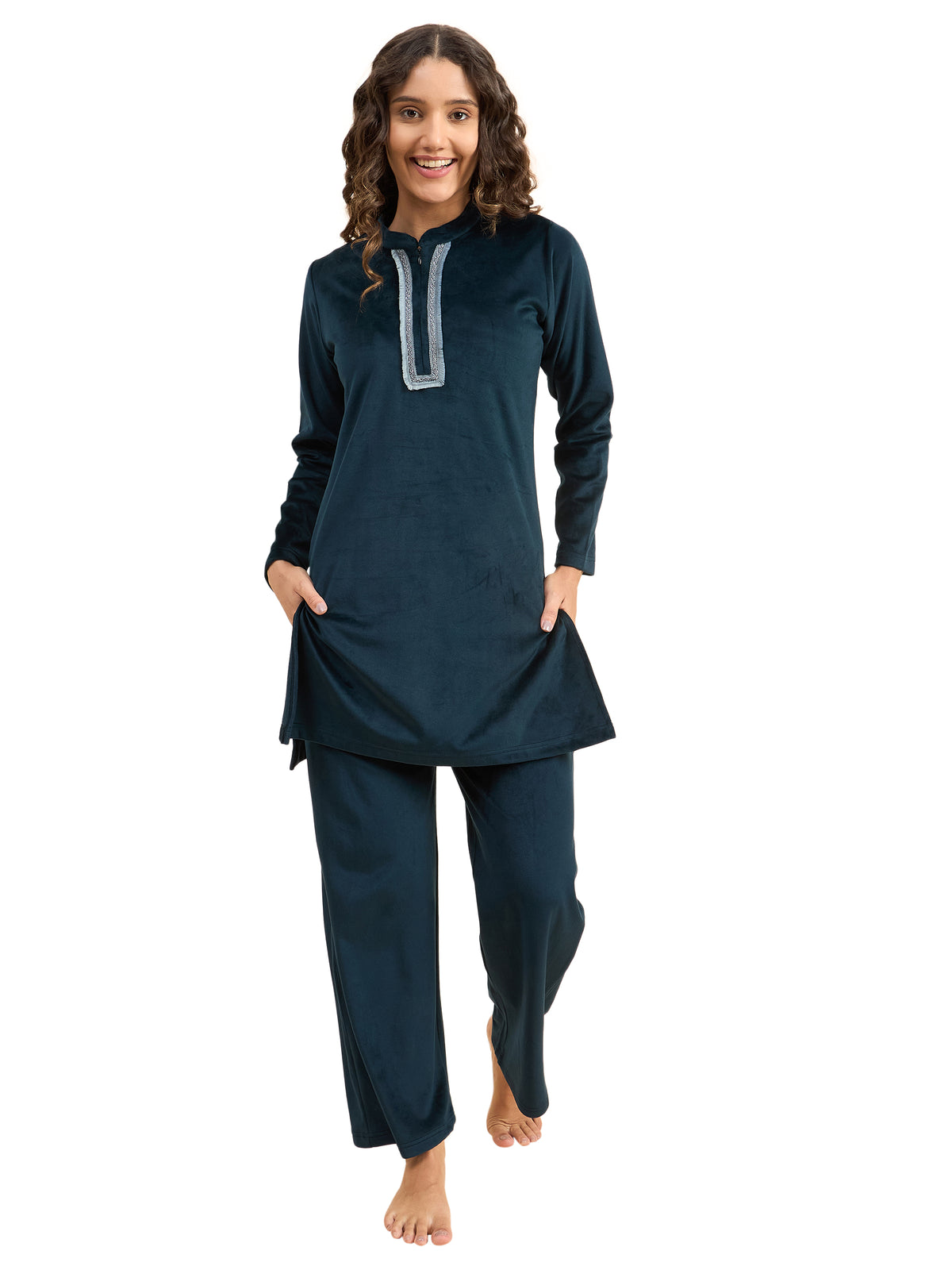 Teal Embroidered Velour Kurta-Style Lounge Set - KIZA