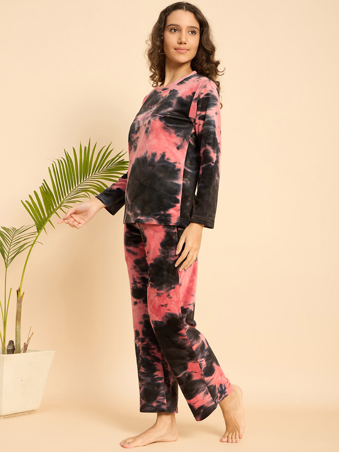 Pink & Black Tie-Dye Velour Top & Pants Lounge Set - KIZA