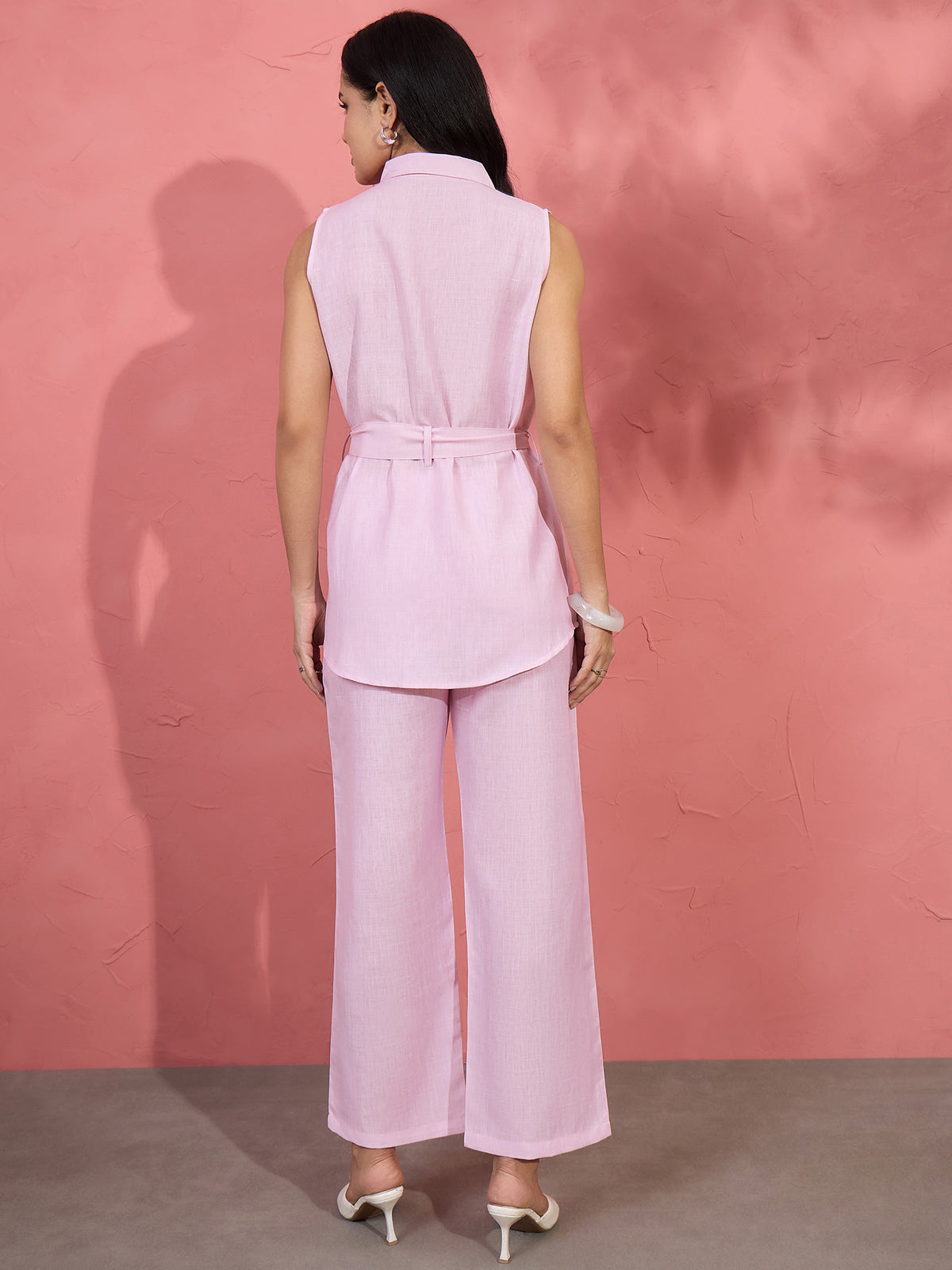 Baby Pink Sleeveless Belted Shirt & Wide-Leg Pants Co-ord Set - KIZA