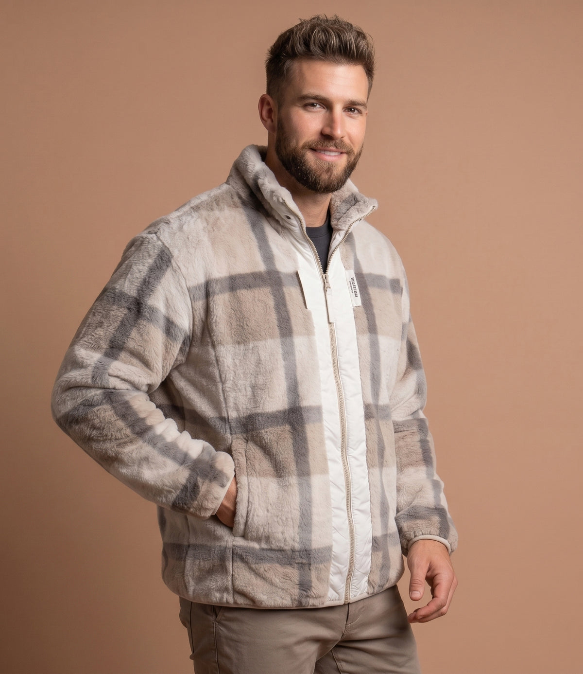 Men's Camel Plaid Faux-Fur Zip Jacket - KIZA