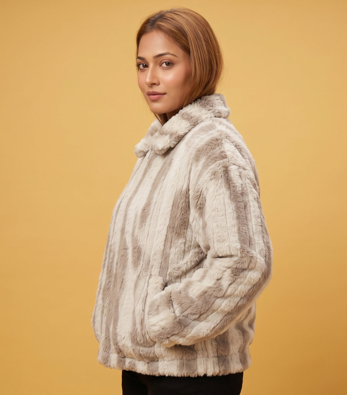 Beige & Cream Striped Faux-Fur Zip Jacket - KIZA