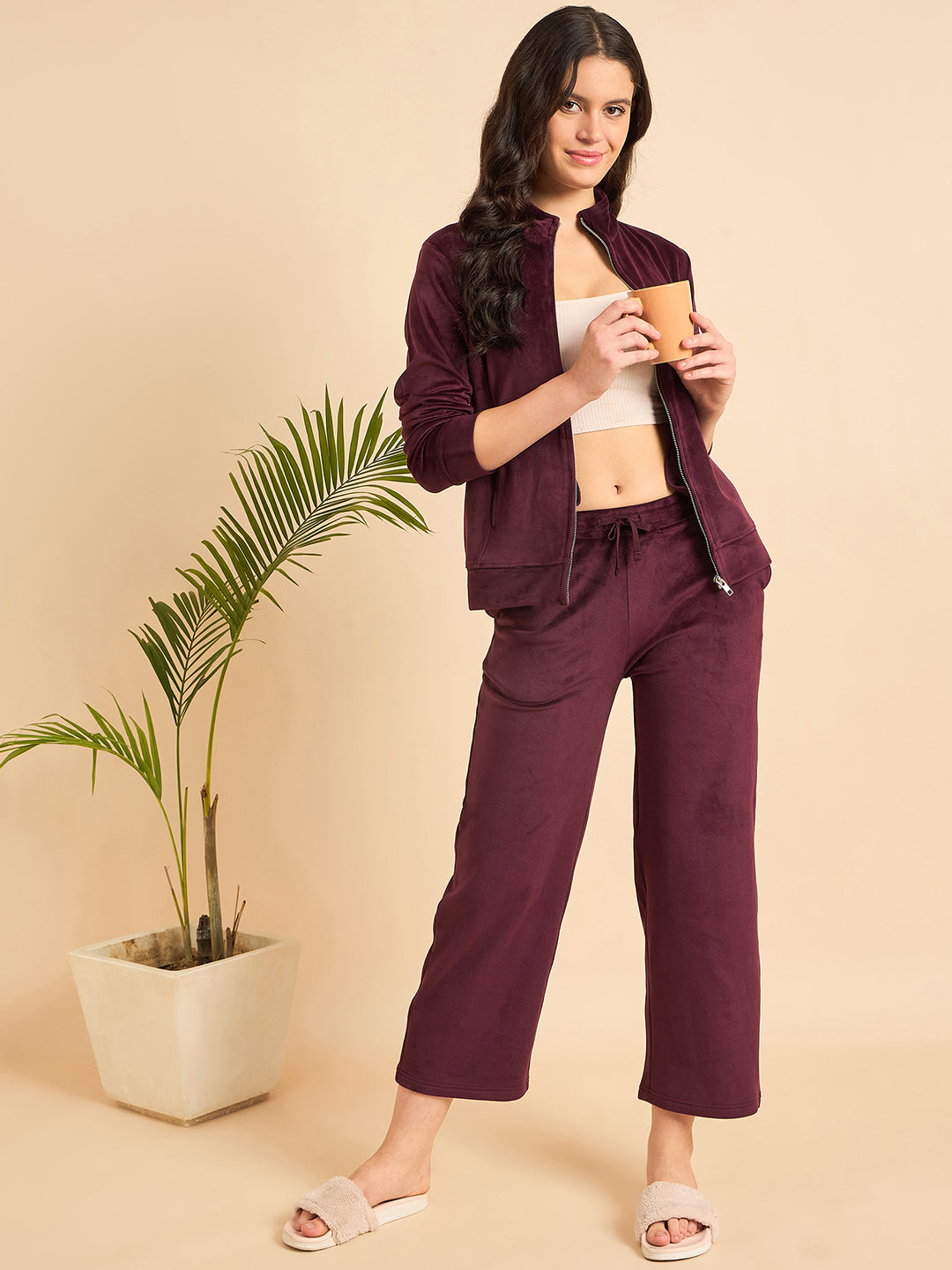 Wine Velour Zip-Front Jacket & Pants Lounge Set - KIZA