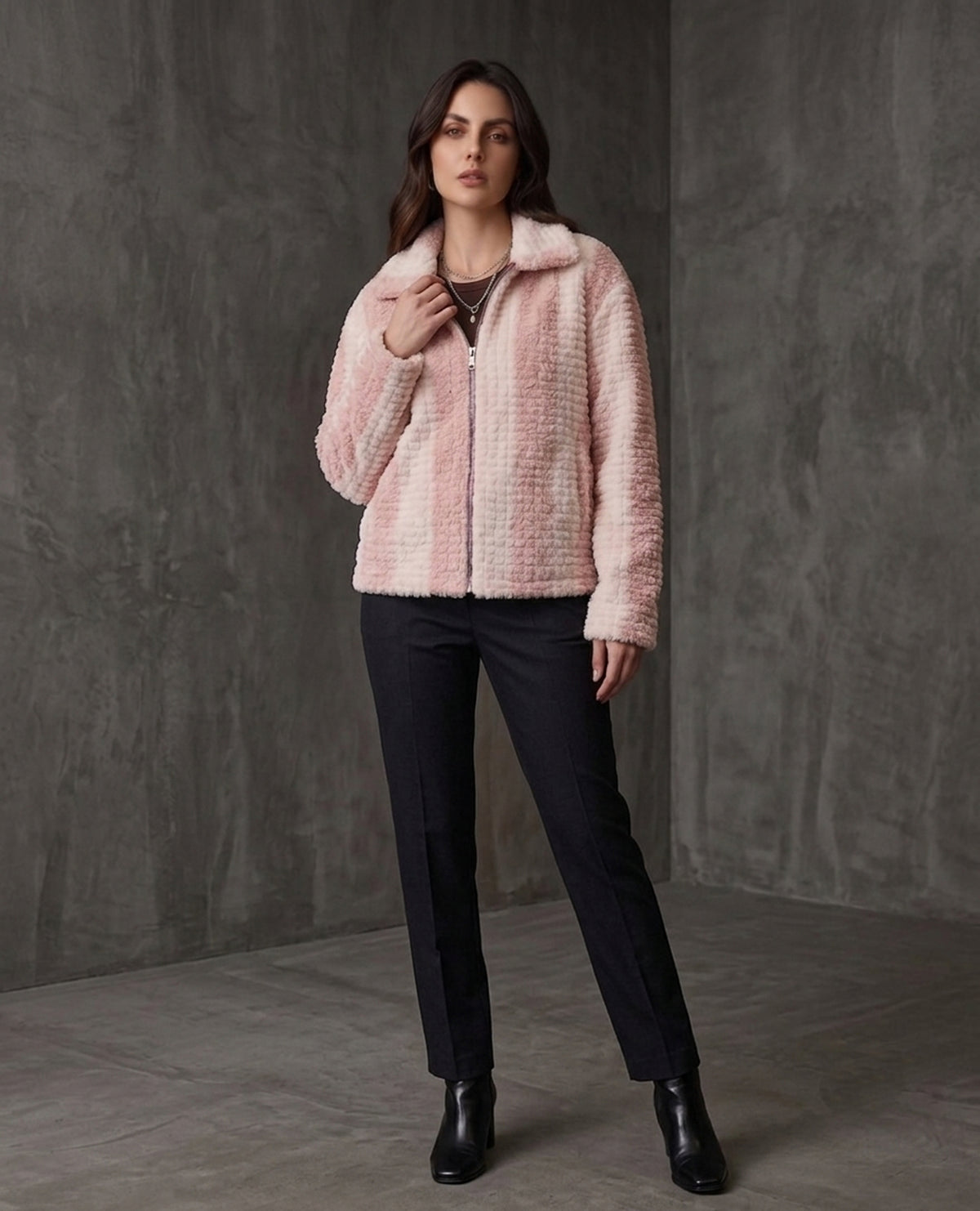 Pink & Cream Striped Faux-Fur Zip Jacket - KIZA