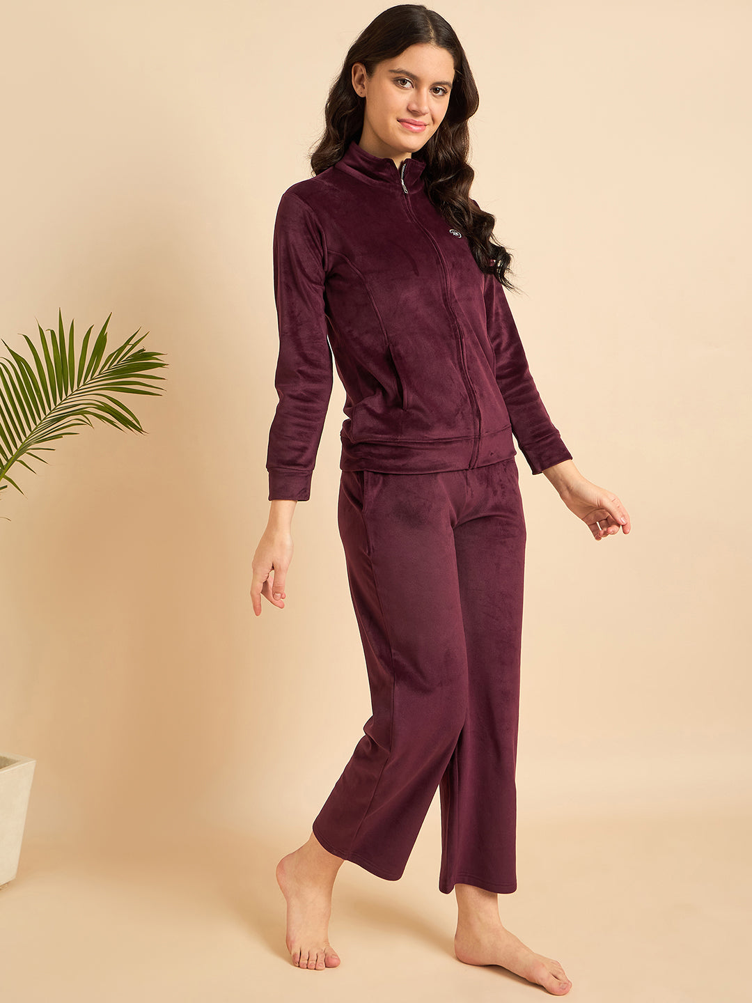 Wine Velour Zip-Front Jacket & Pants Lounge Set - KIZA