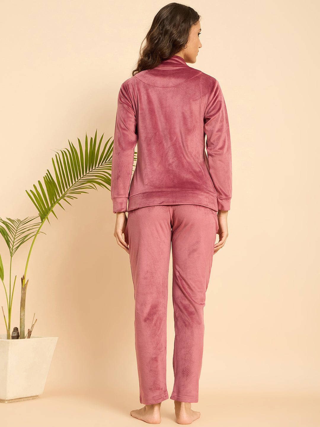 Rose Pink Velour Zip-Front Jacket & Pants Lounge Set - KIZA