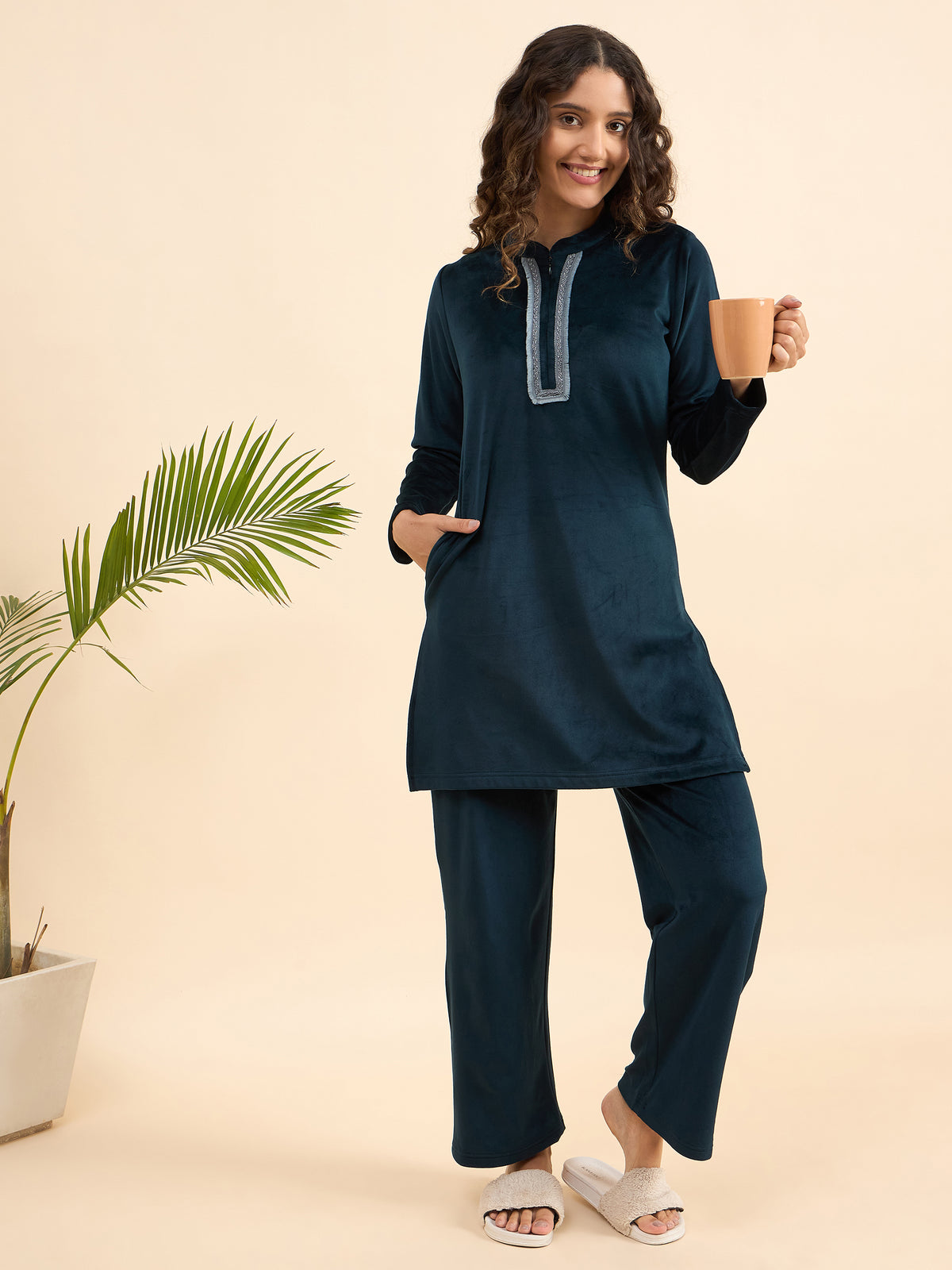 Teal Embroidered Velour Kurta-Style Lounge Set - KIZA