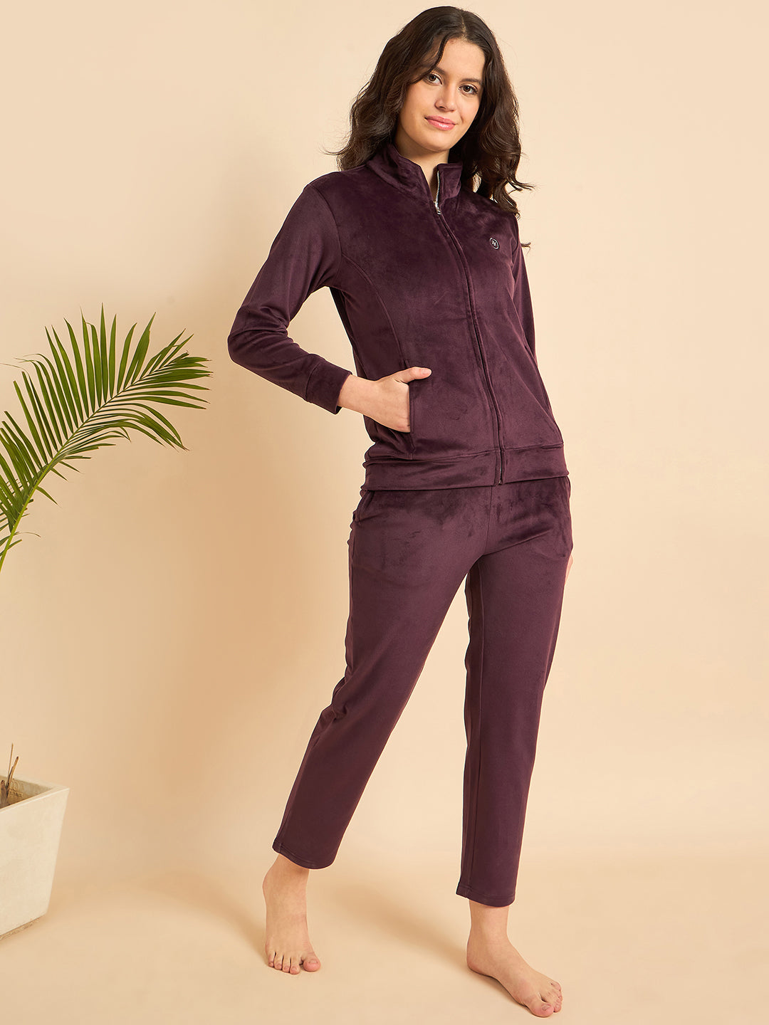 Plum Velour Zip-Front Jacket & Pants Lounge Set - KIZA