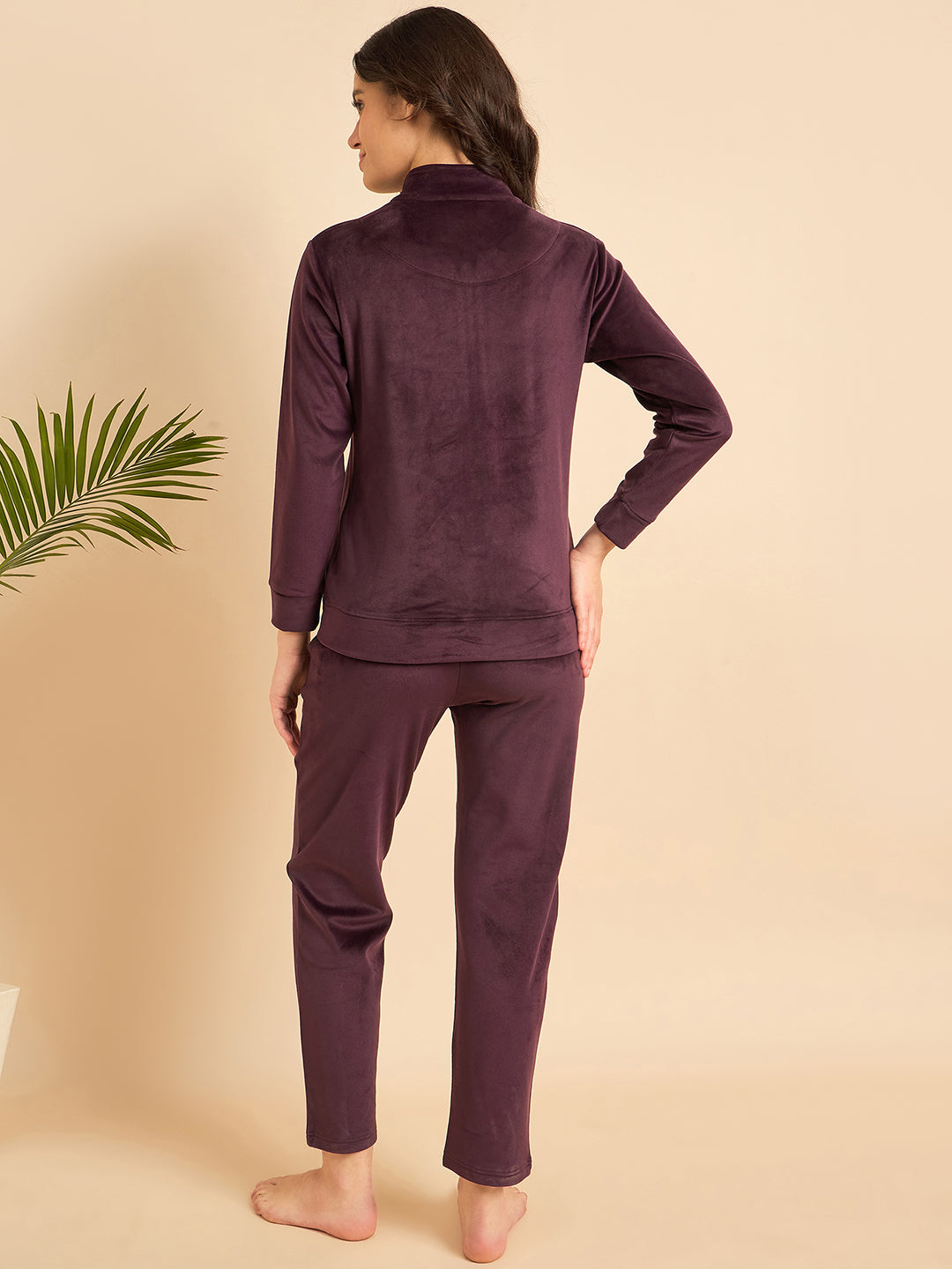 Plum Velour Zip-Front Jacket & Pants Lounge Set - KIZA