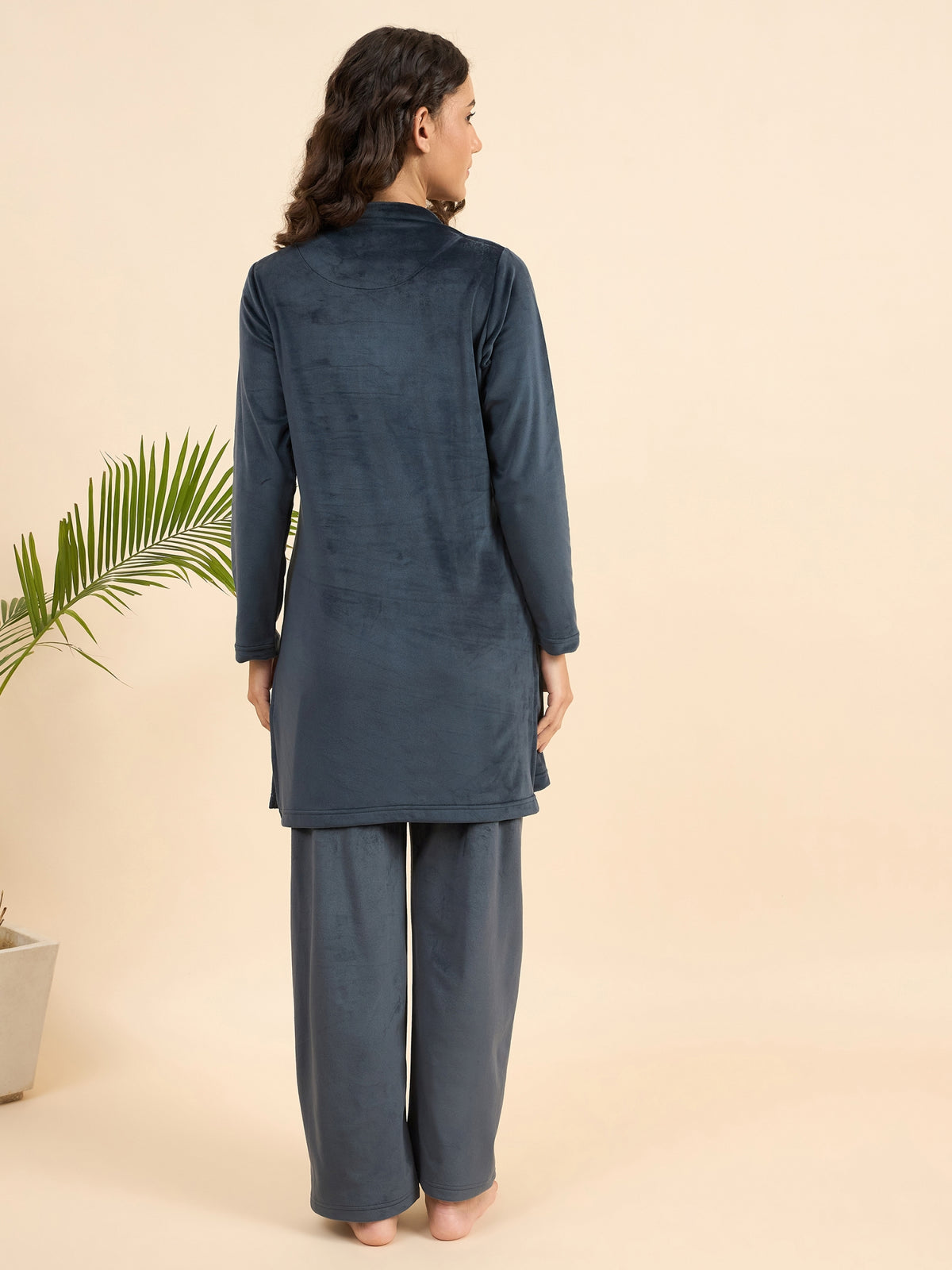 Charcoal Grey Embroidered Velour Kurta-Style Lounge Set - KIZA