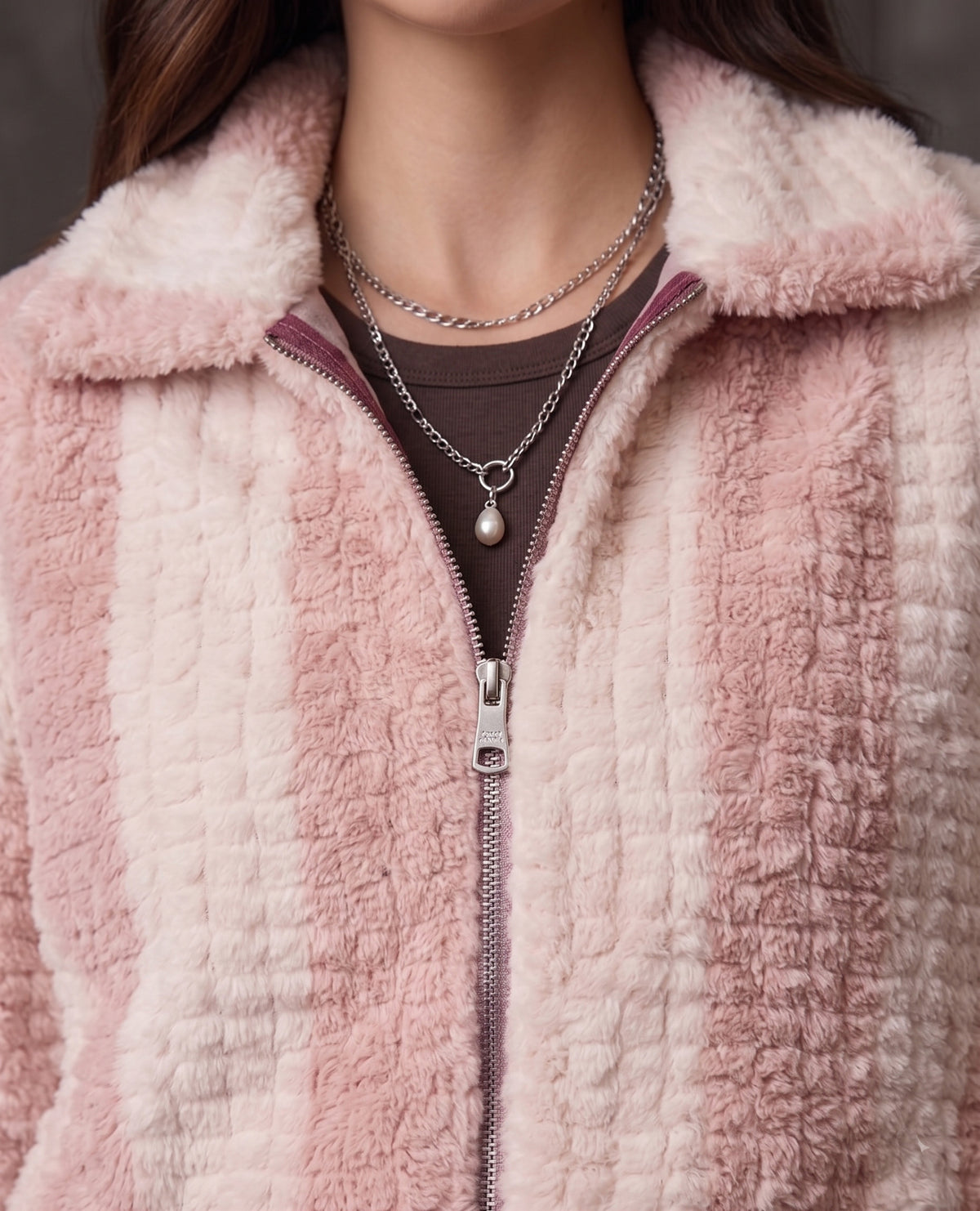 Pink & Cream Striped Faux-Fur Zip Jacket - KIZA