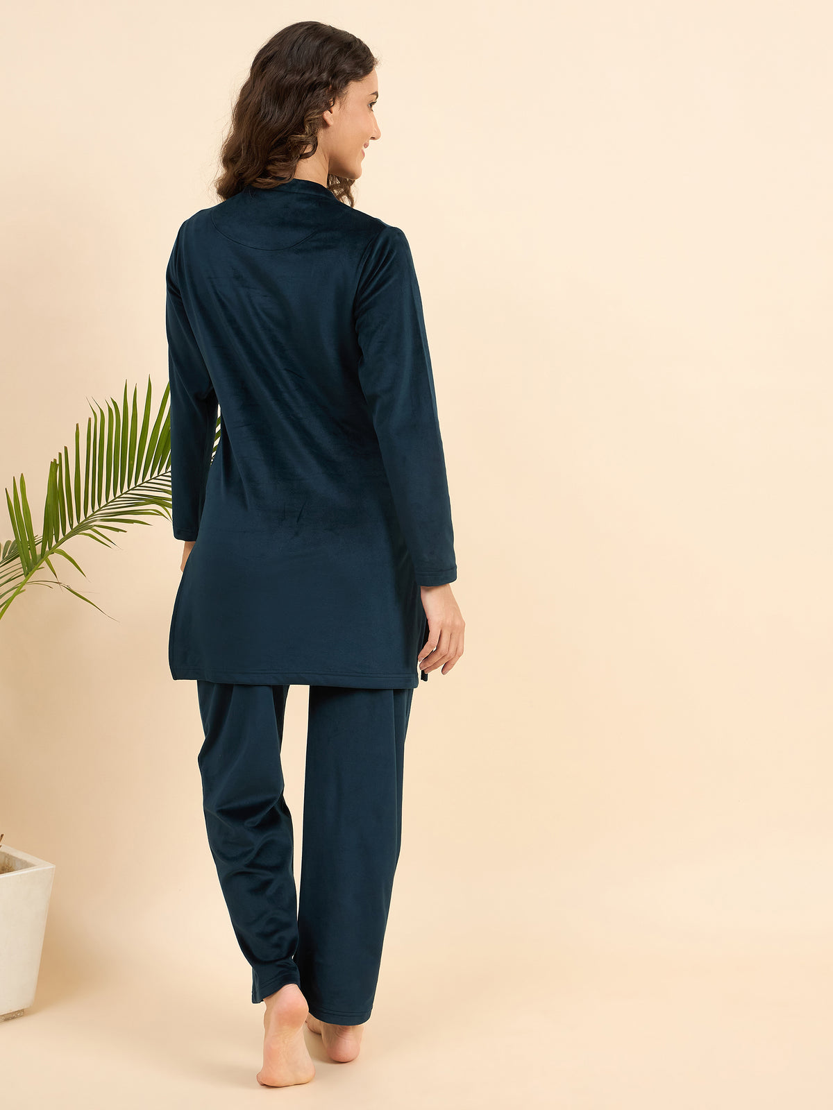 Teal Embroidered Velour Kurta-Style Lounge Set - KIZA