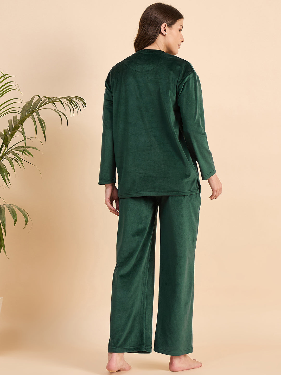 Bottle Green Embroidered Velour Henley Top & Pants Set - KIZA