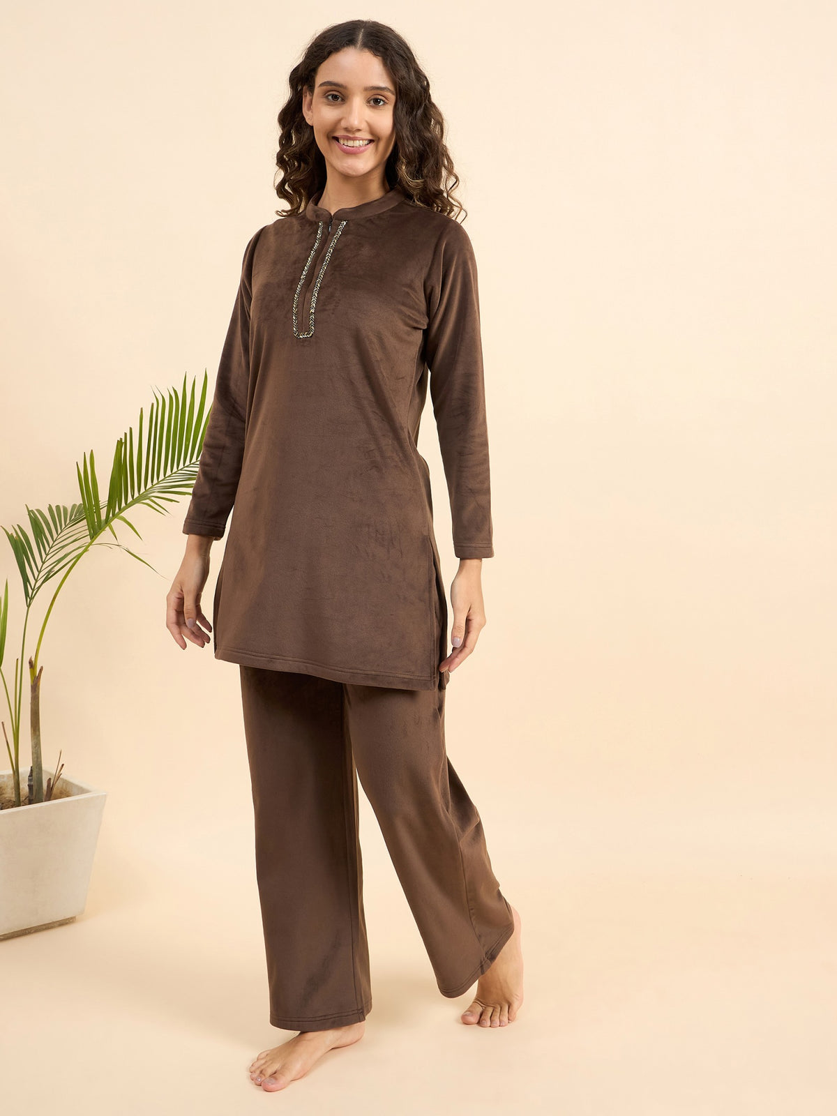 Coffee Brown Embroidered Velour Kurta-Style Lounge Set - KIZA