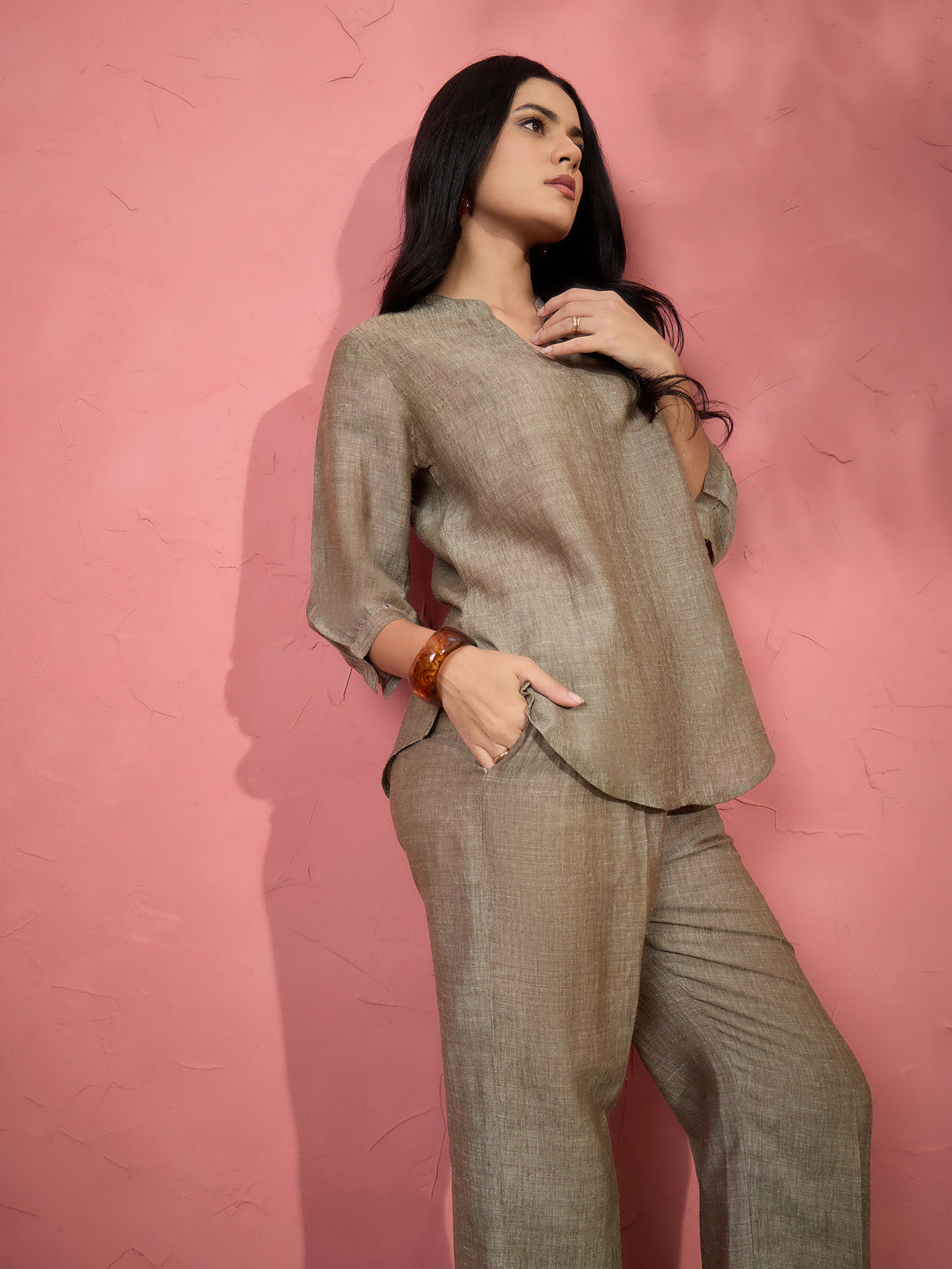 Khaki Brown Textured Tunic Shirt & Straight Pants Co-ord Set - KIZA