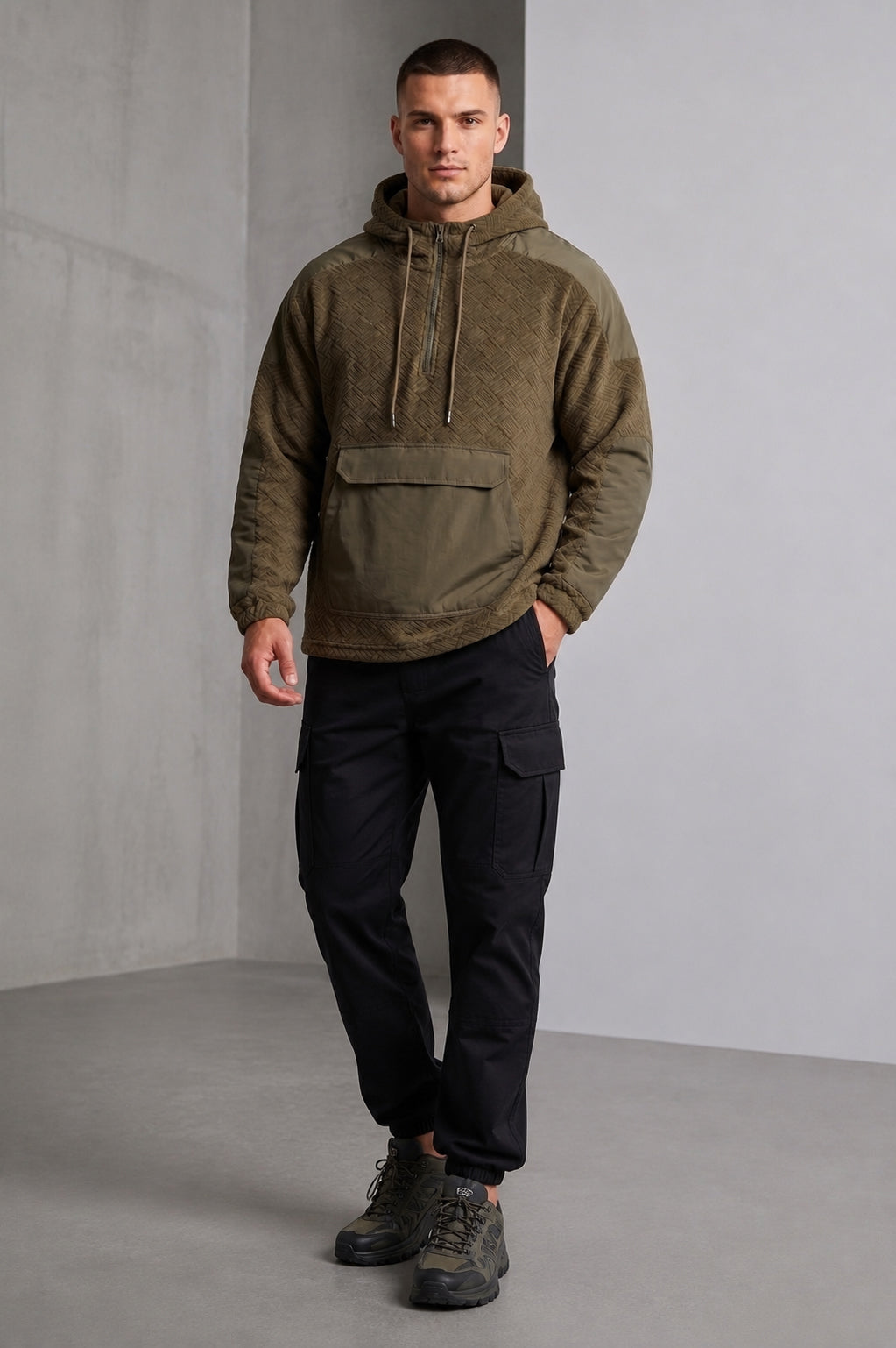 Men's Olive Hooded Half-Zip Pullover Jacket - KIZA