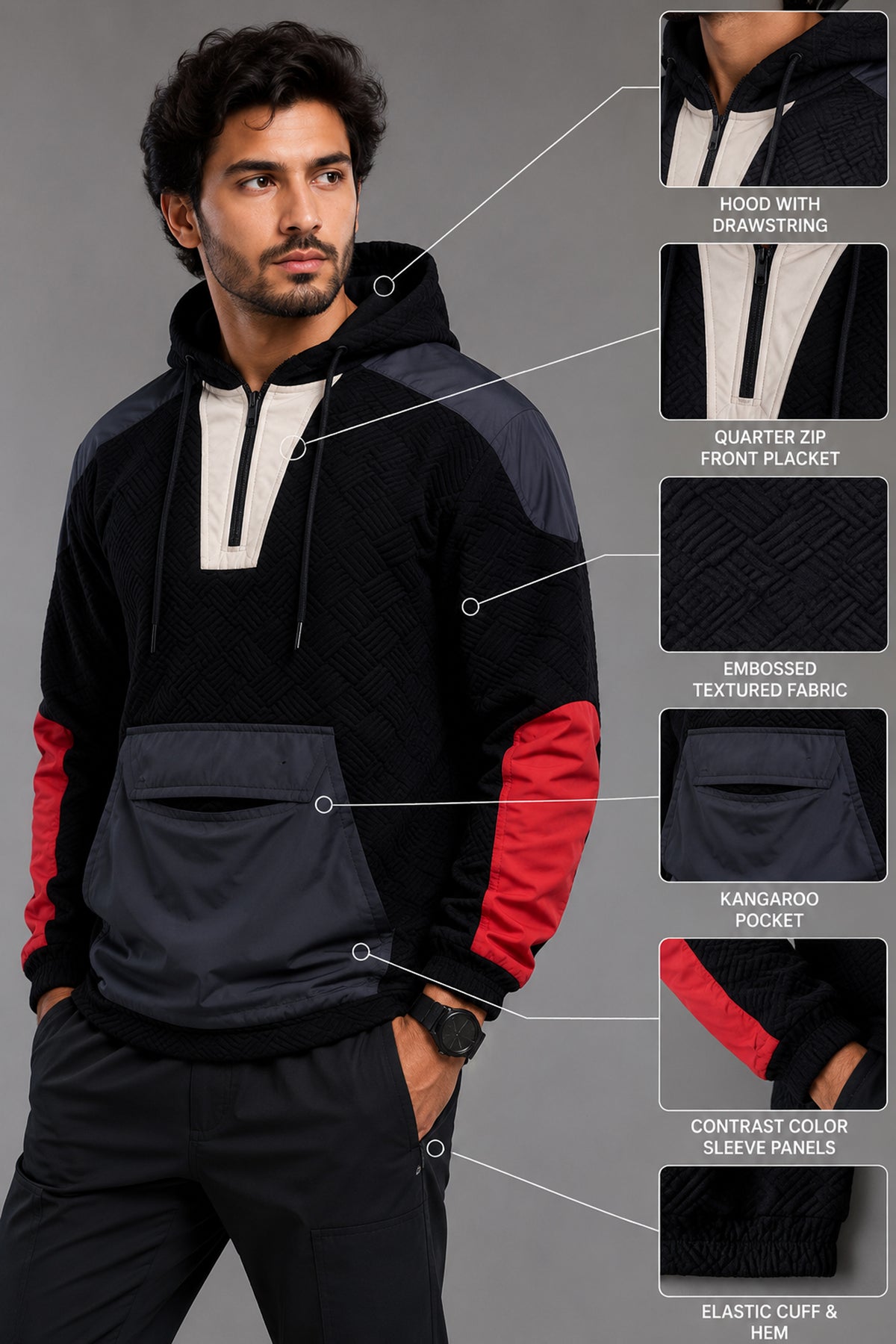 Men's Black Colour-Block Hooded Half-Zip Pullover Jacket - KIZA