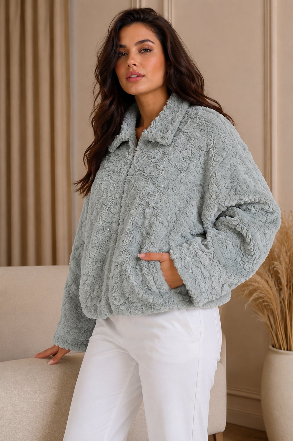 Sea Green Textured Faux-Fur Zip Jacket - KIZA