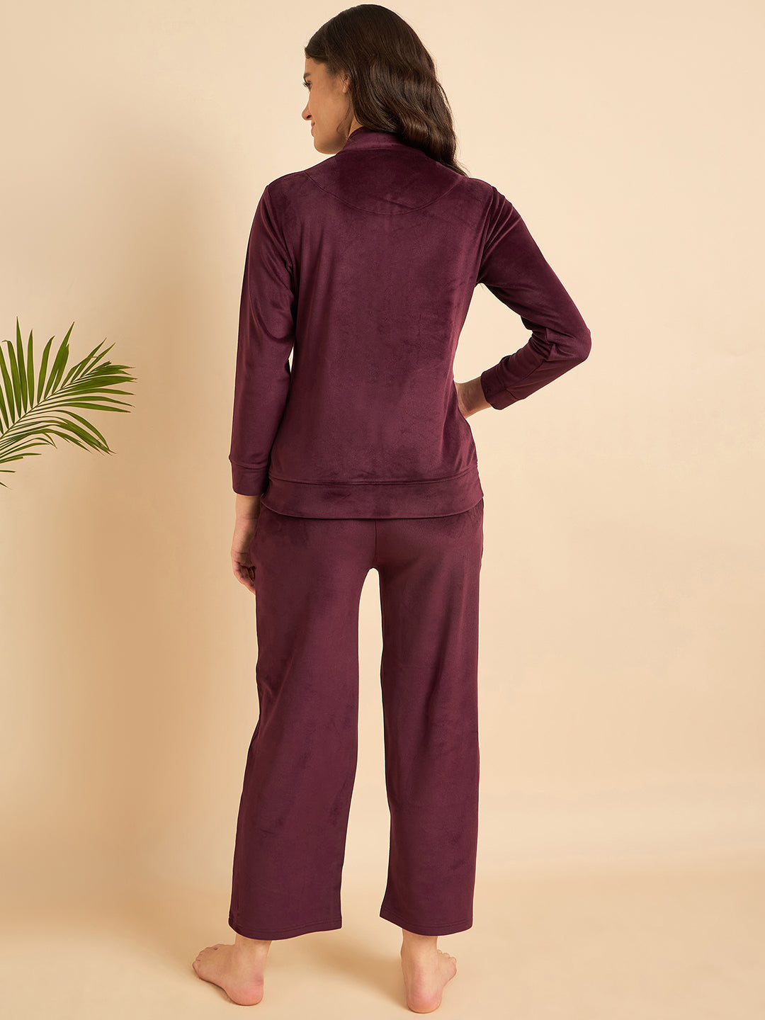 Wine Velour Zip-Front Jacket & Pants Lounge Set - KIZA
