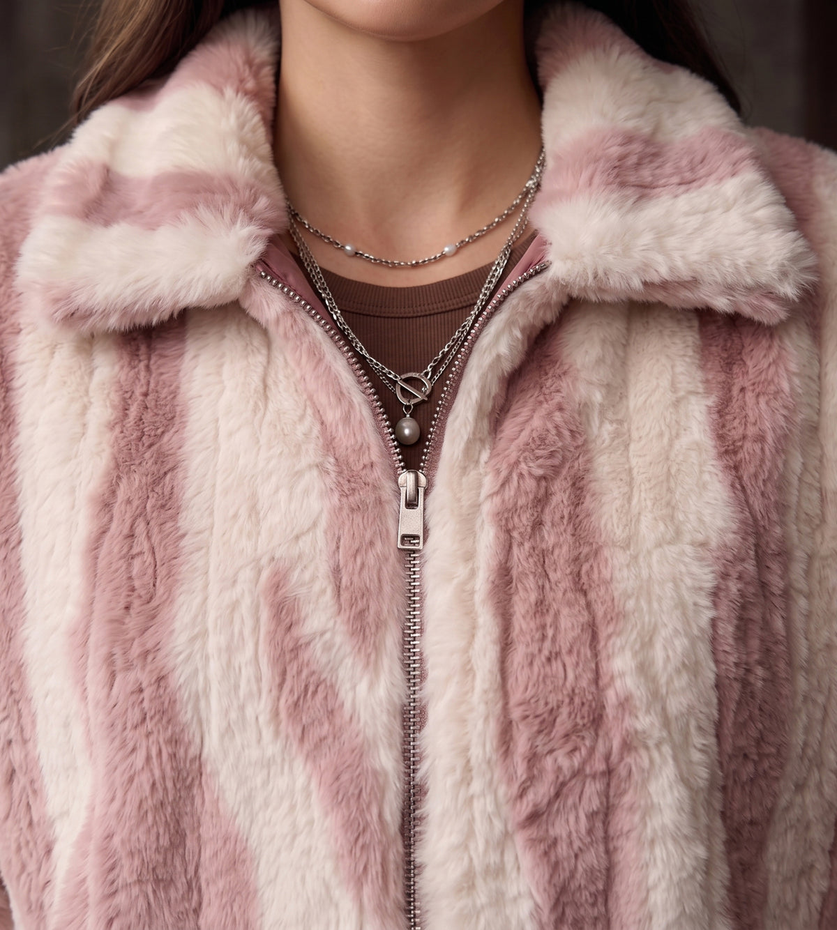 Light Pink & Cream Striped Faux-Fur Zip Jacket - KIZA