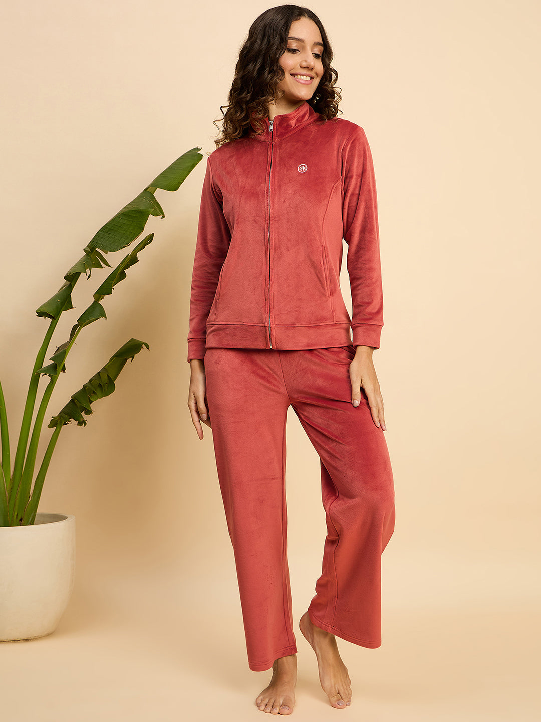 Brick Red Velour Zip-Front Jacket & Pants Lounge Set - KIZA