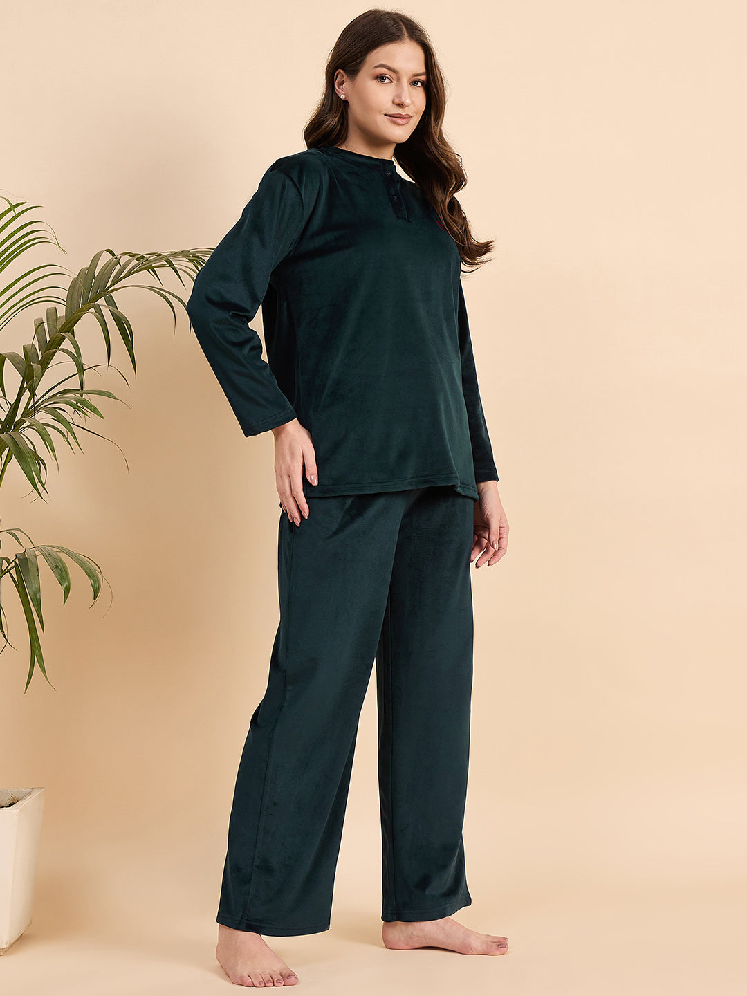 Dark Teal Embroidered Velour Henley Top & Pants Set - KIZA