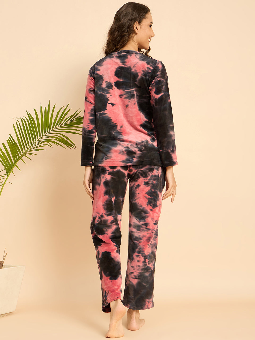 Pink & Black Tie-Dye Velour Top & Pants Lounge Set - KIZA