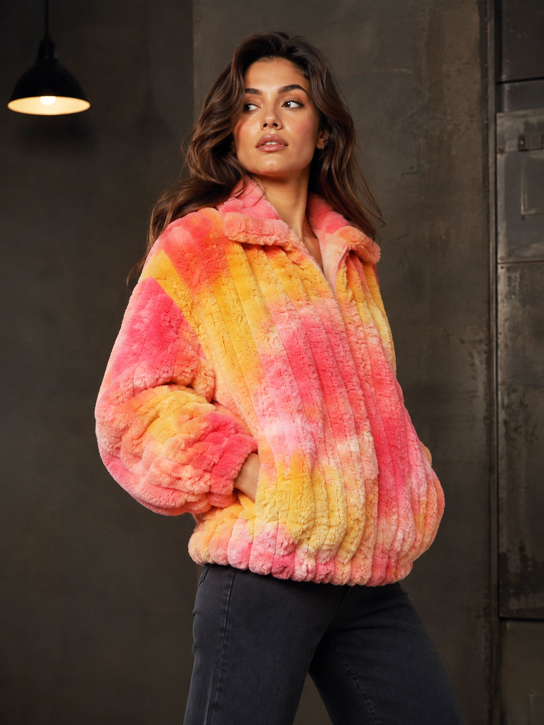 Orange Tie-Dye Faux-Fur Zip Jacket - KIZA
