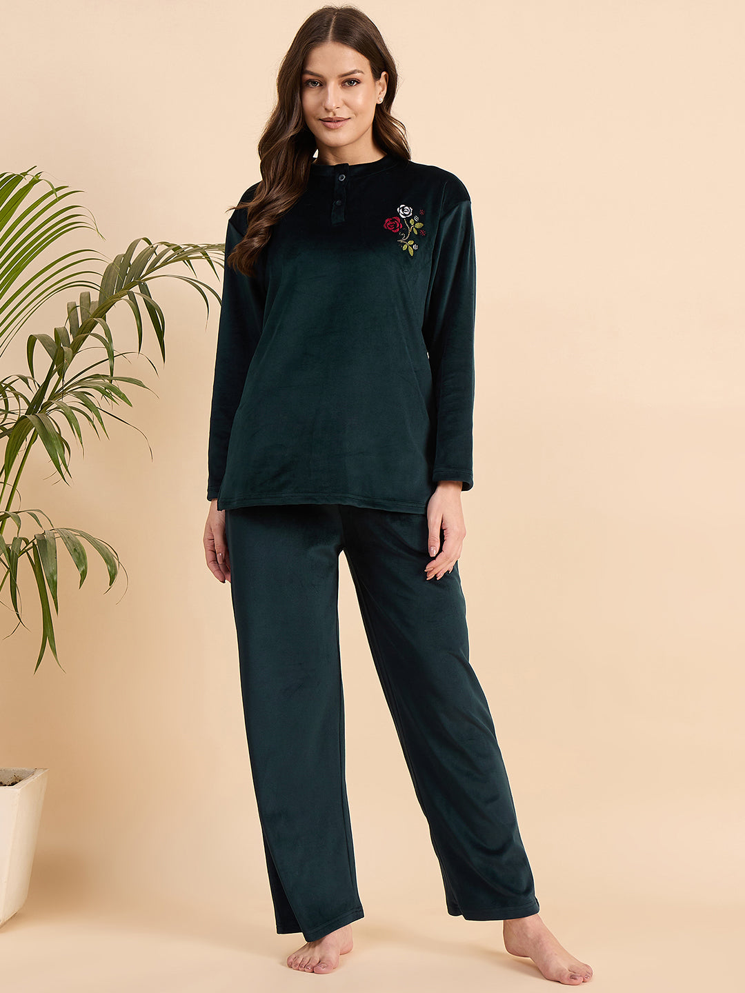 Dark Teal Embroidered Velour Henley Top & Pants Set - KIZA