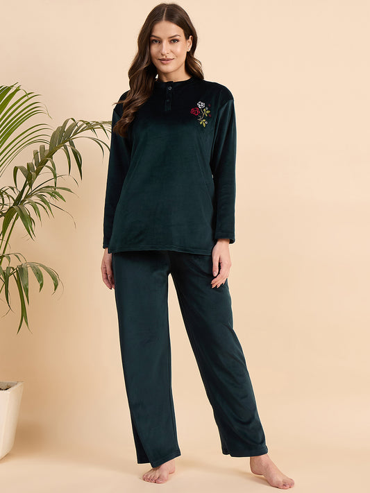 Dark Teal Embroidered Velour Henley Top & Pants Set - KIZA