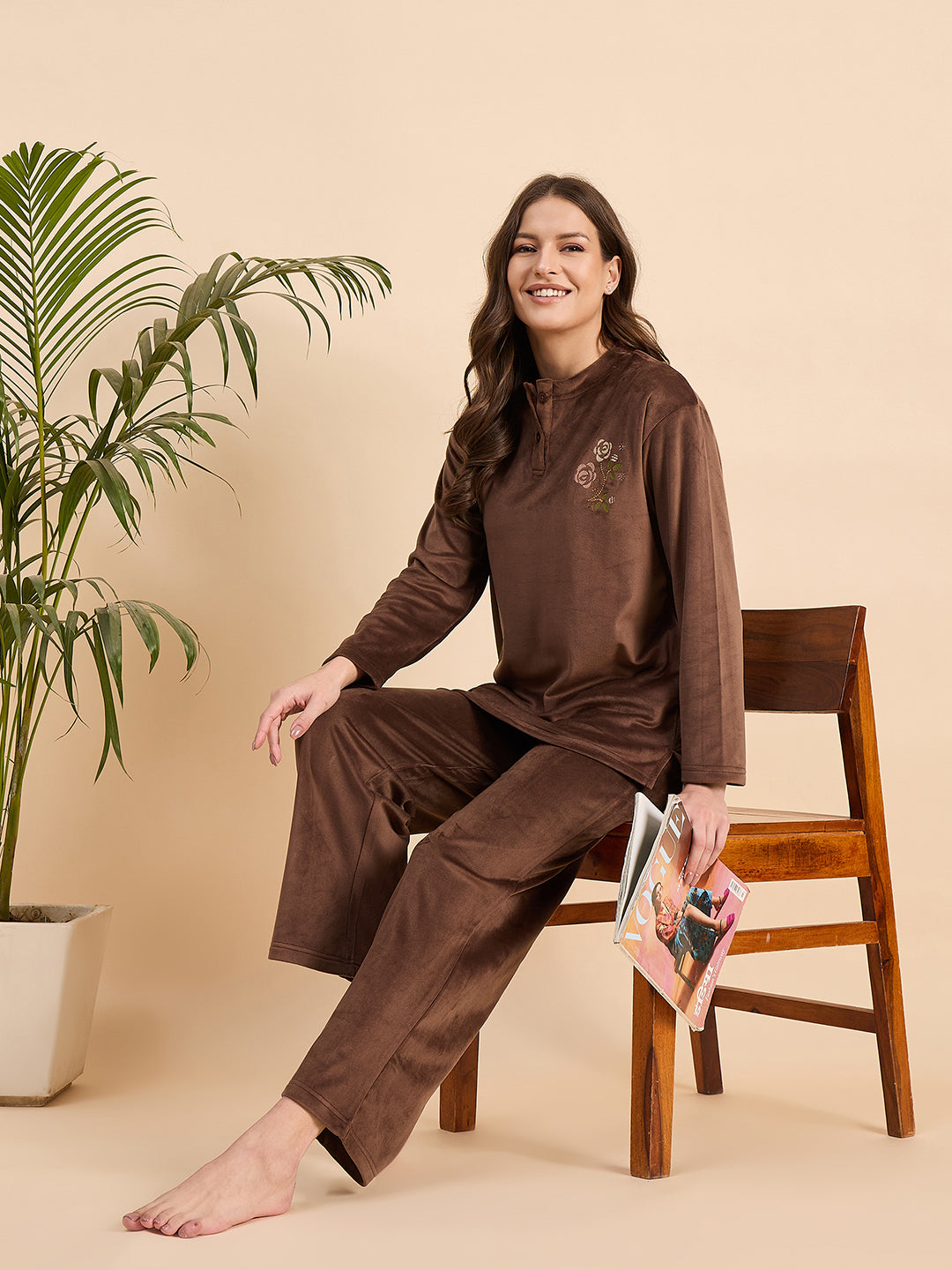 Brown Embroidered Velour Henley Top & Pants Set - KIZA