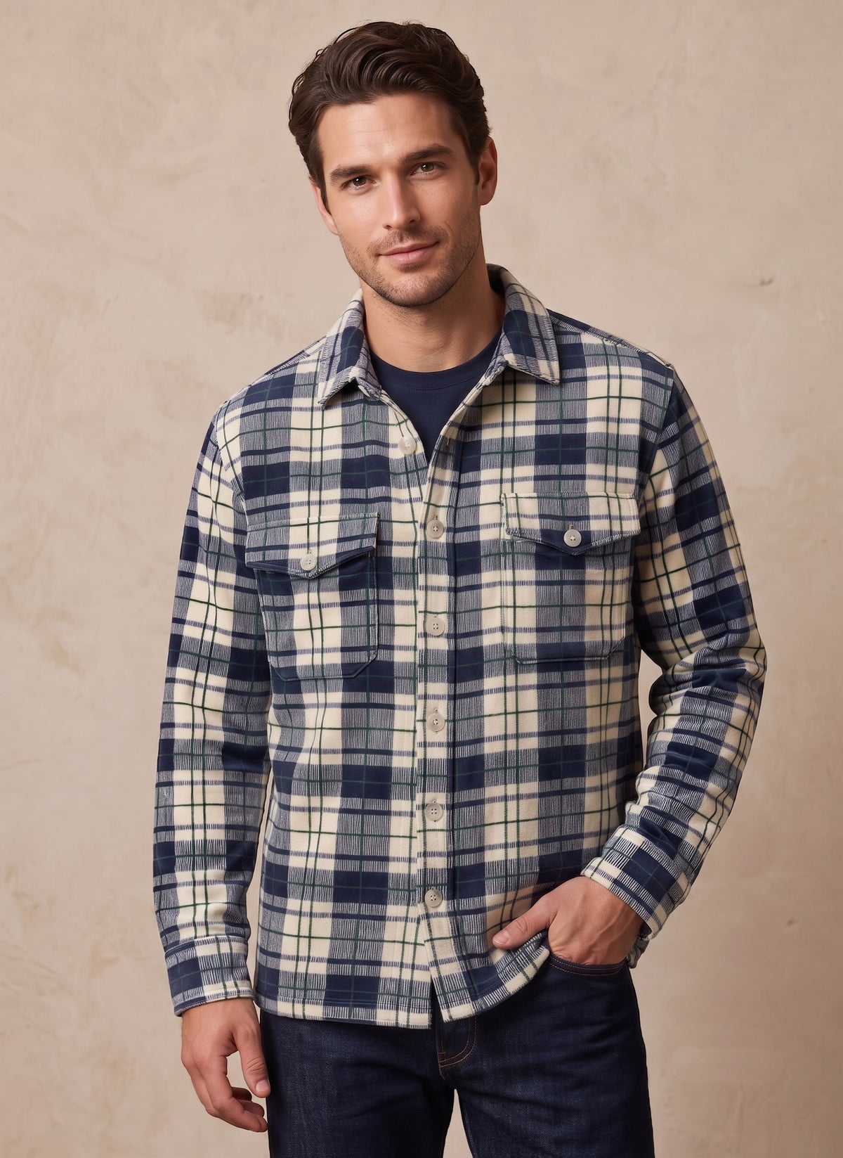 Men's Navy & Cream Plaid Flannel Shirt Jacket - KIZA