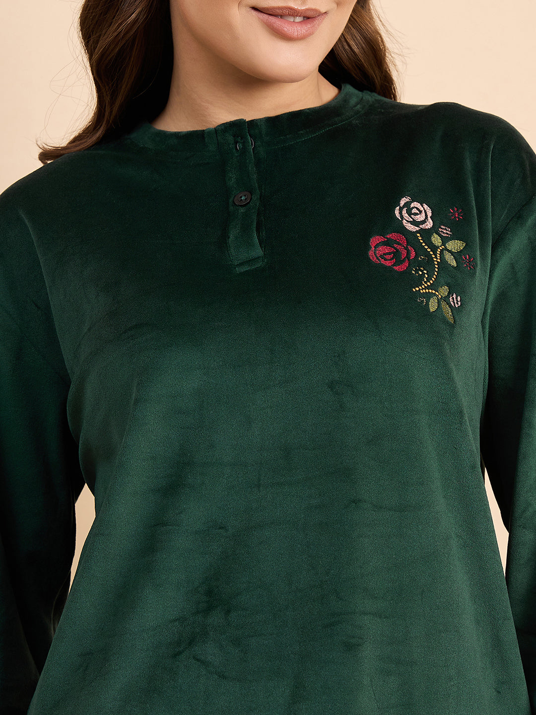 Bottle Green Embroidered Velour Henley Top & Pants Set - KIZA
