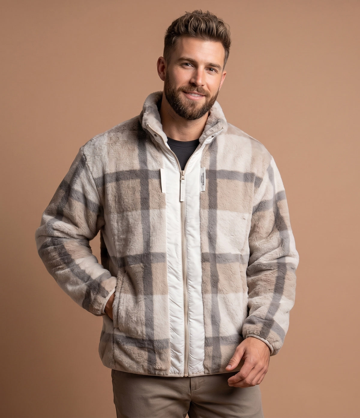 Men's Camel Plaid Faux-Fur Zip Jacket - KIZA