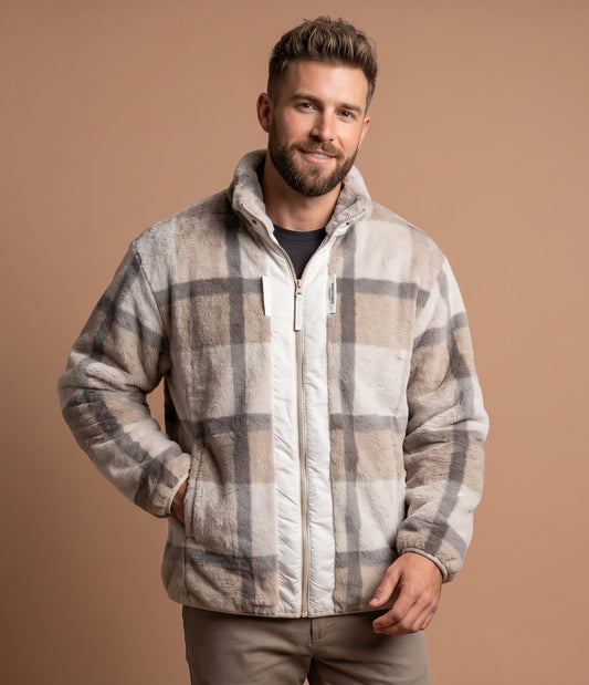 Men's Camel Plaid Faux-Fur Zip Jacket - KIZA