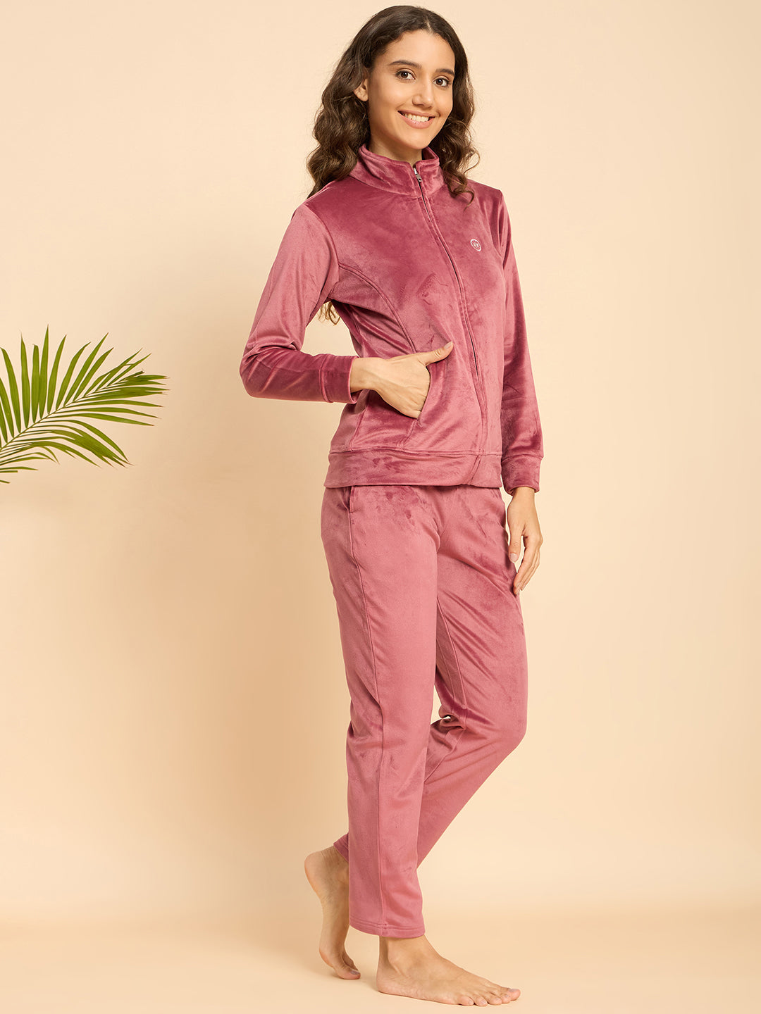 Rose Pink Velour Zip-Front Jacket & Pants Lounge Set - KIZA