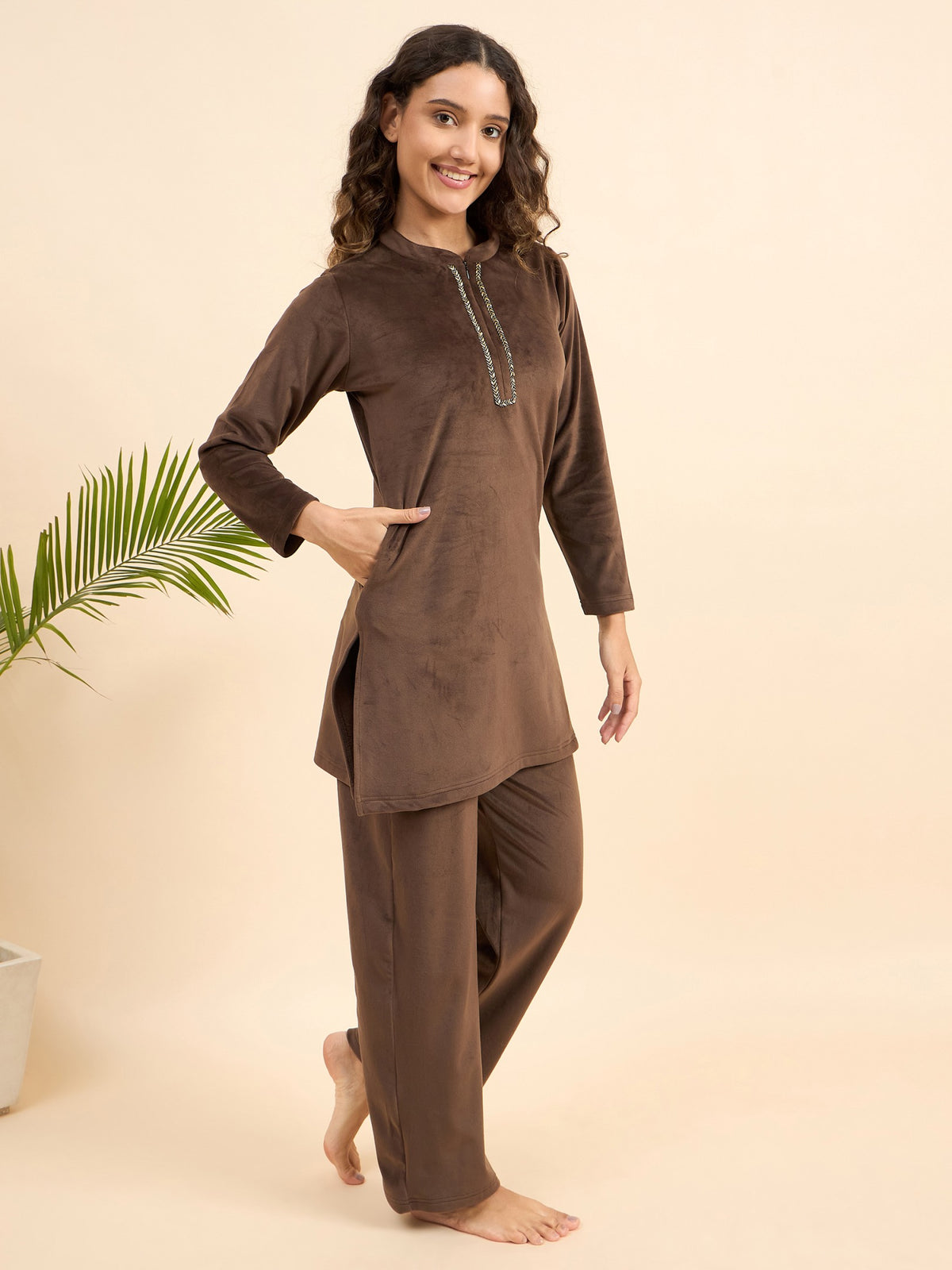 Coffee Brown Embroidered Velour Kurta-Style Lounge Set - KIZA