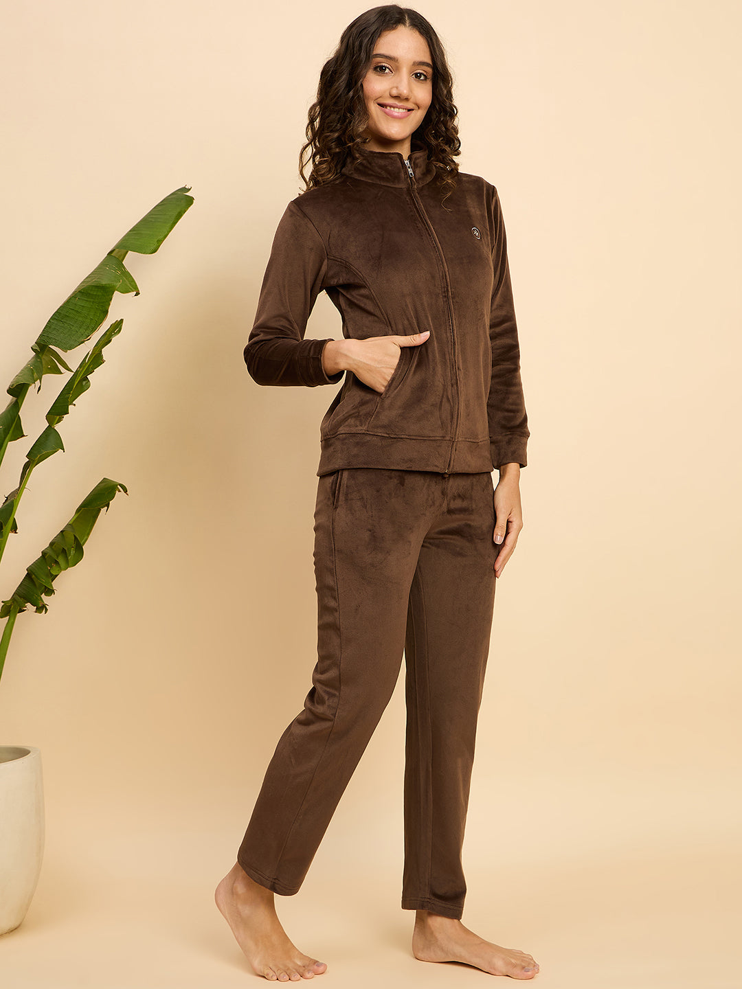 Coffee Brown Velour Zip-Front Jacket & Pants Lounge Set - KIZA
