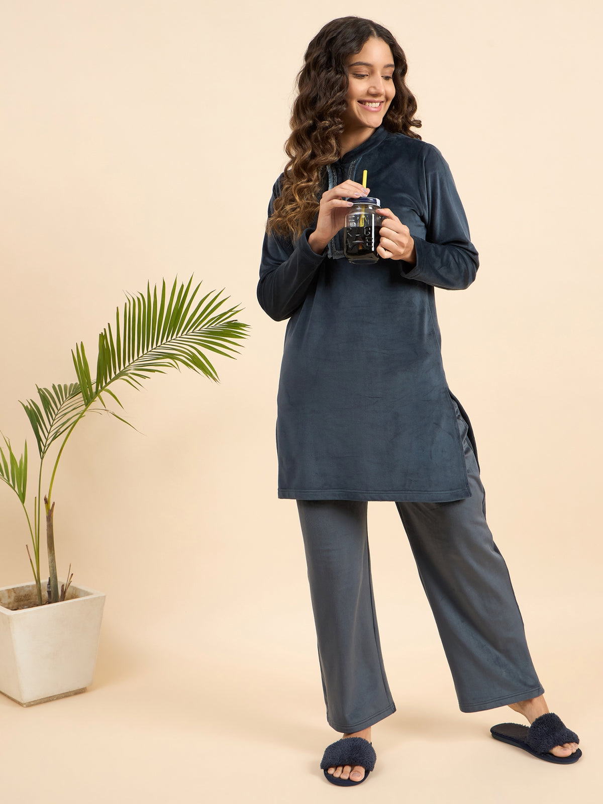 Charcoal Grey Embroidered Velour Kurta-Style Lounge Set - KIZA