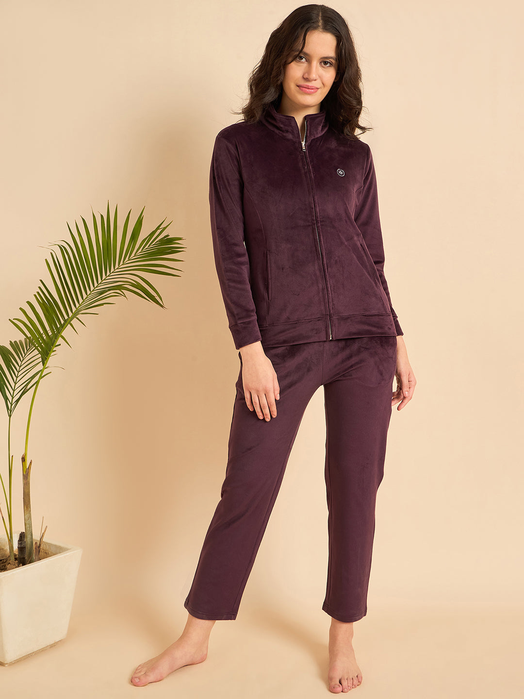 Plum Velour Zip-Front Jacket & Pants Lounge Set - KIZA