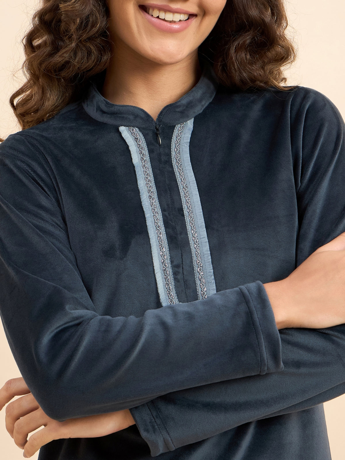 Charcoal Grey Embroidered Velour Kurta-Style Lounge Set - KIZA