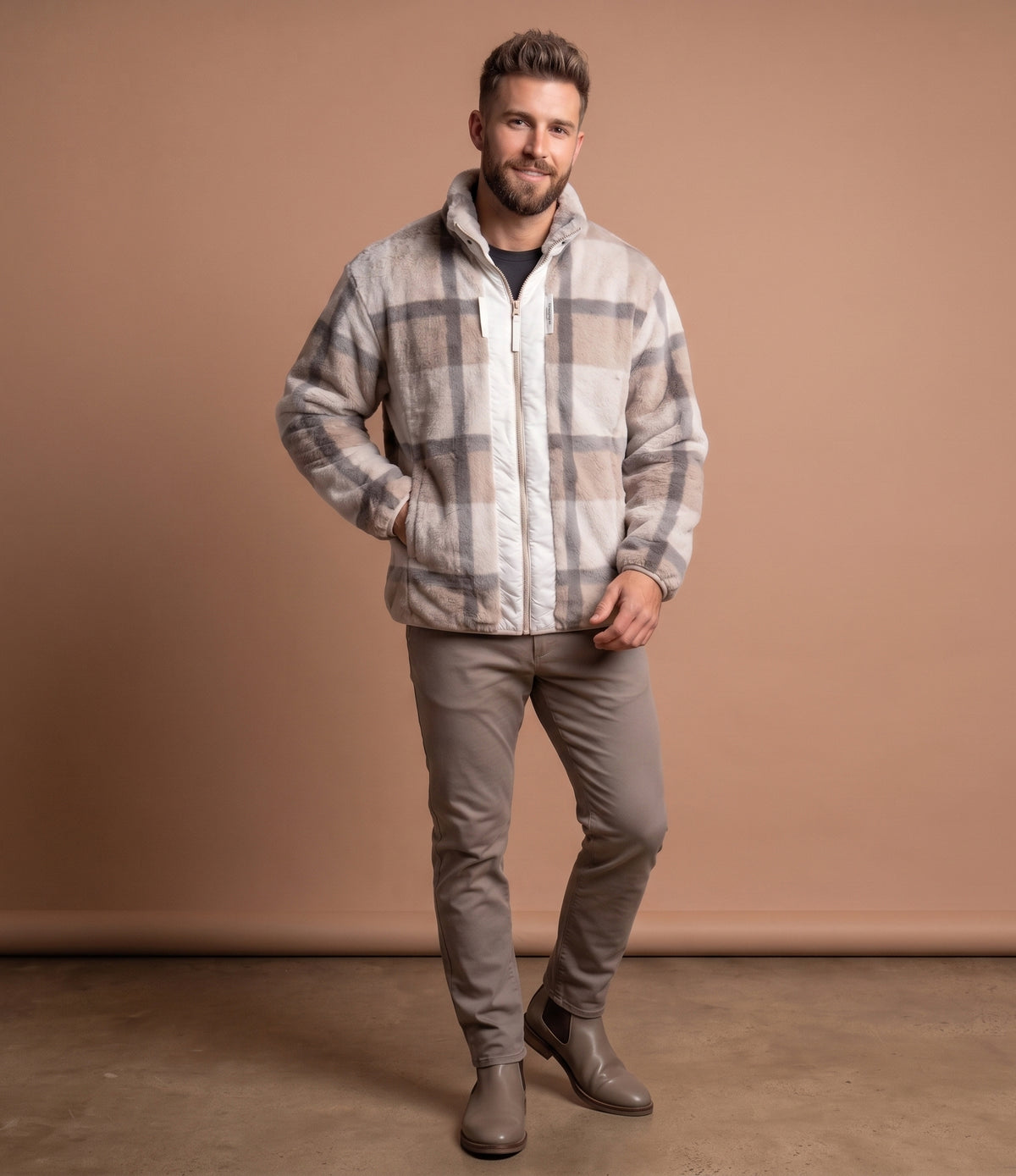 Men's Camel Plaid Faux-Fur Zip Jacket - KIZA