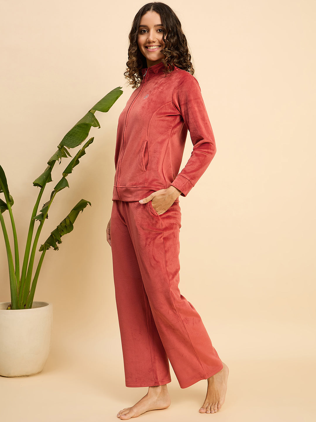 Brick Red Velour Zip-Front Jacket & Pants Lounge Set - KIZA